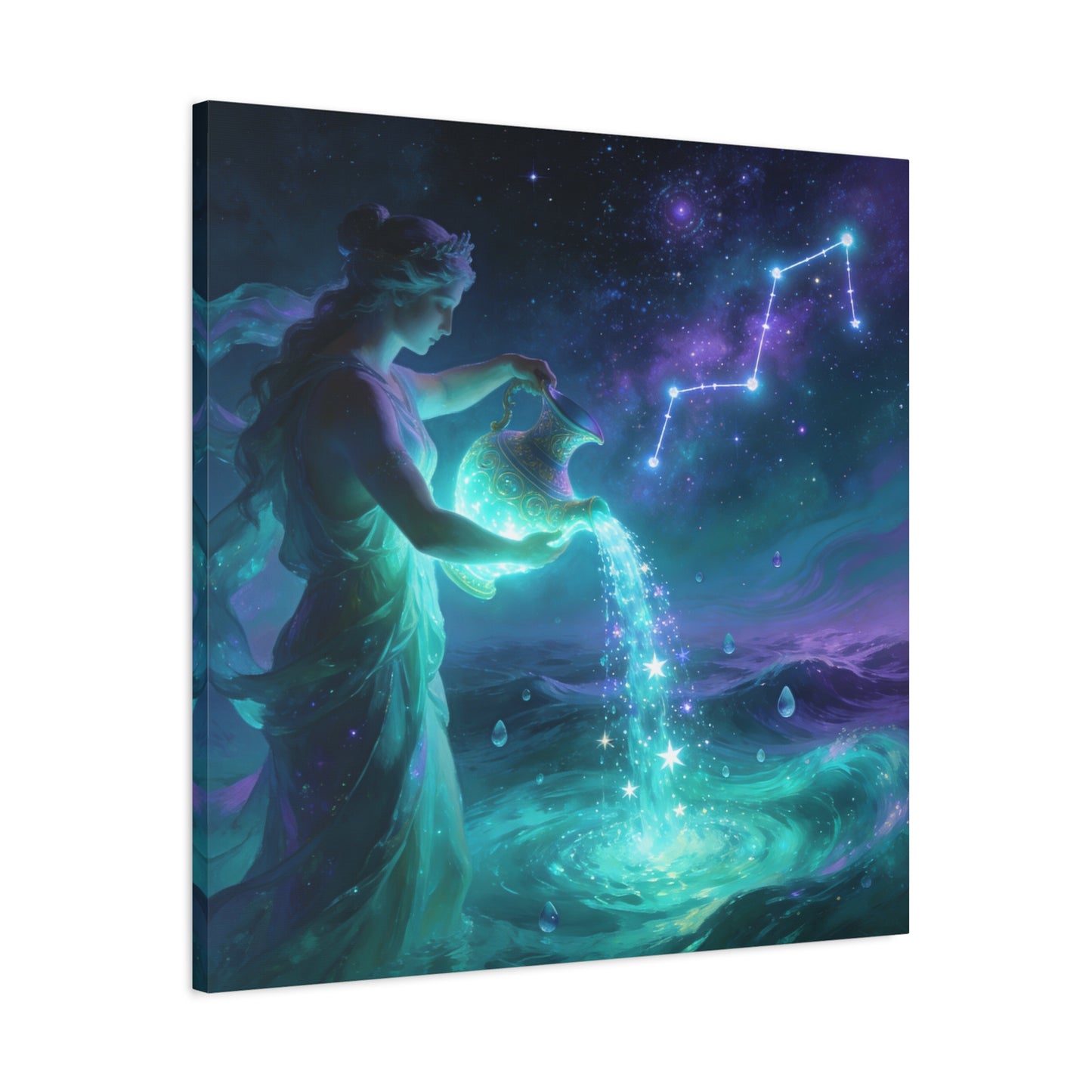 Aquarius Goddess Canvas Wall Art - Zodiac Water Bearer Celestial Galaxy Illustration - Mystical Purple Blue Fantasy Decor - Bedroom Home Decoration, Living Room Wall Decor - Bedroom Home Decoration