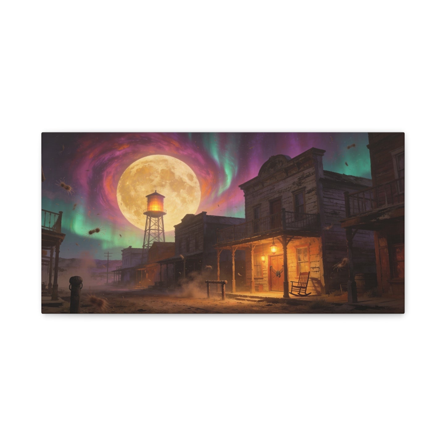 Moonlit Western Town Canvas Wall Art - Surreal Desert Street, Water Tower, Aurora Sky - Matte Cotton Art Print - Vintage Frontier Style, Living Room Wall Decor Office Accent - Bedroom Home Decoration