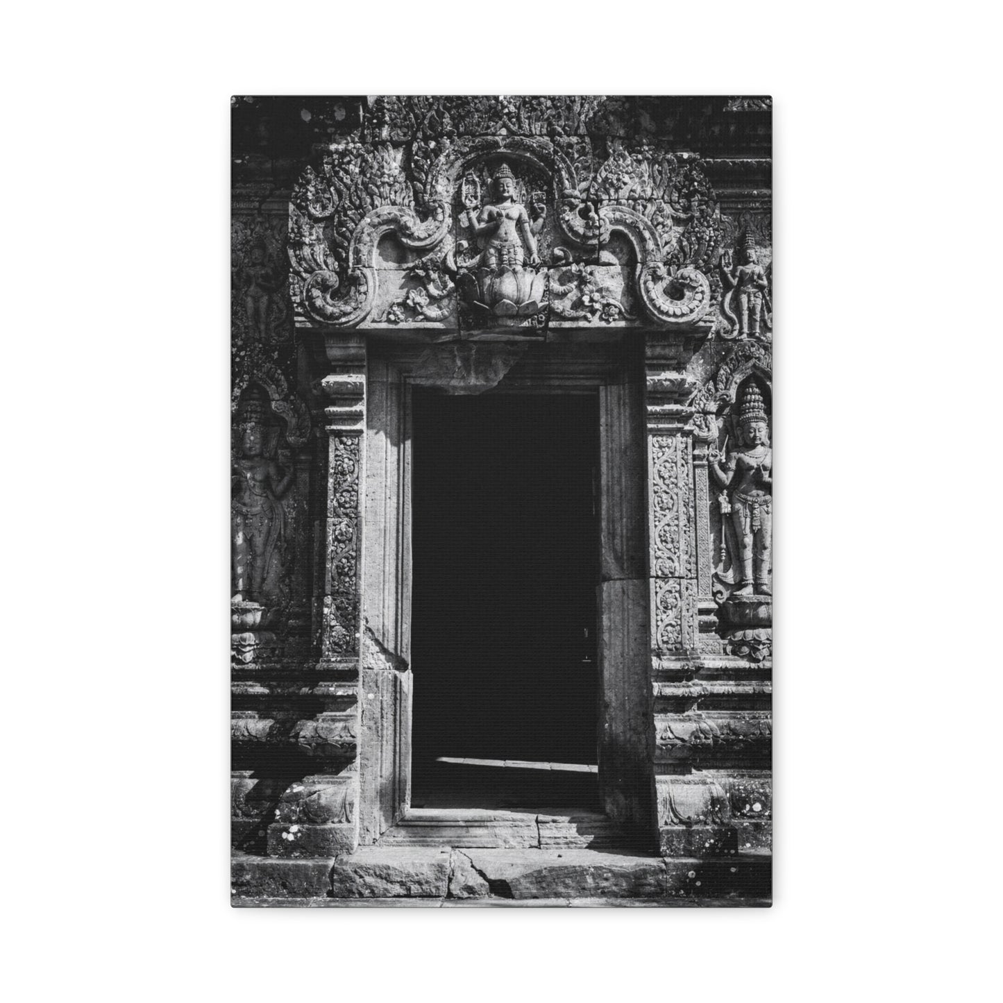 Buddhist Temple Doorway Canvas Wall Art - Black And White Stone Carving, Religious Architecture Print, Traditional Monochrome Decor - Living Room Wall Decor, Office Art - Bedroom Home Decoration