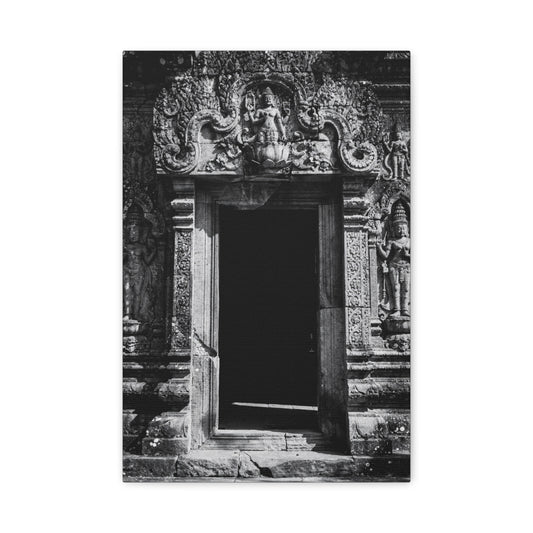 Buddhist Temple Doorway Canvas Wall Art - Black And White Stone Carving, Religious Architecture Print, Traditional Monochrome Decor - Living Room Wall Decor, Office Art - Bedroom Home Decoration