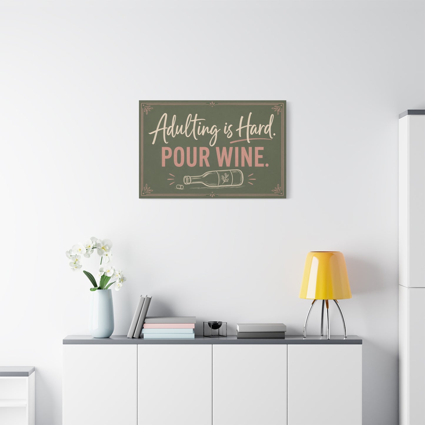 "Adulting Is Hard. Pour Wine." Funny Quote Canvas Wall Art - Sage Green Pink Typography Wine Bottle Print - Rustic Modern Wall Decor For Bar Cart - Ready to Hang - Cocktail Lounge Decor