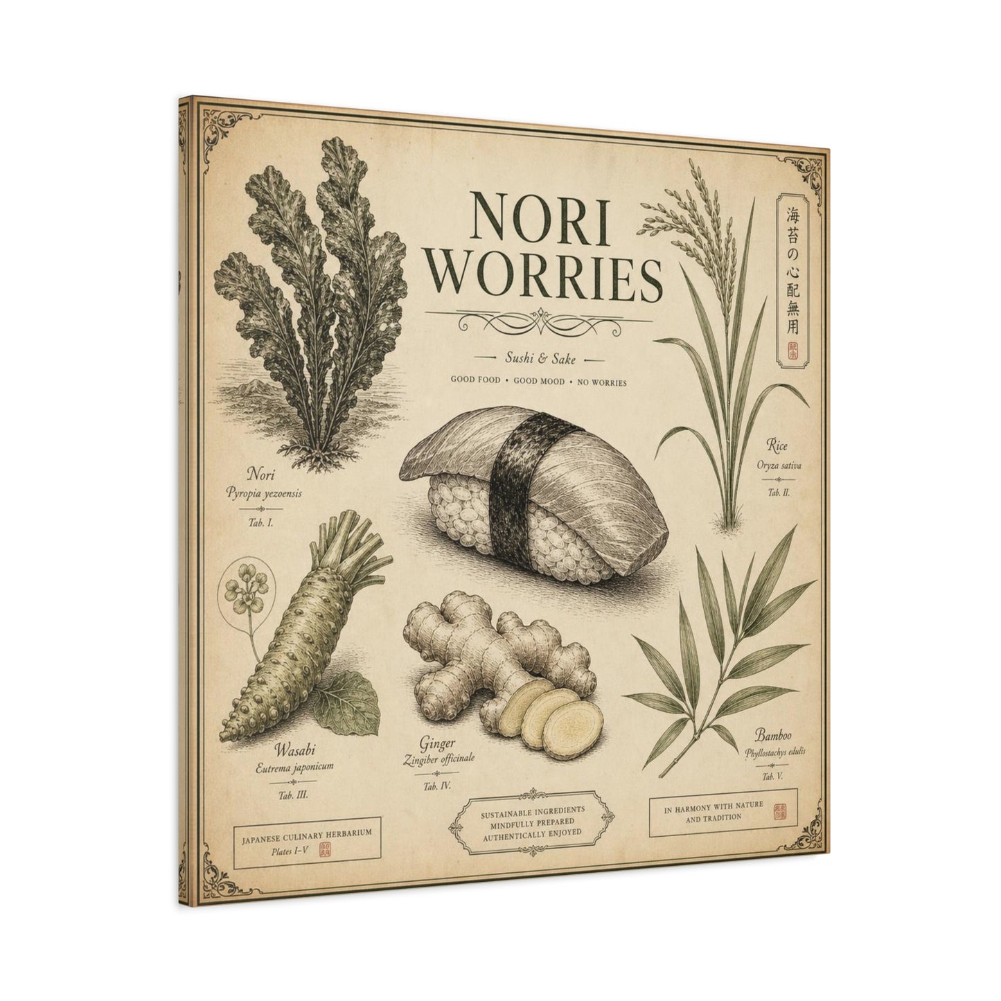 "Nori Worries" Sushi And Sake Canvas Wall Art - Vintage Japanese Culinary Herbarium Print, Rice Nori Wasabi Ginger Bamboo Illustration - Kitchen Wall Decor, Dining Room Accent - Modern Farmhouse Style