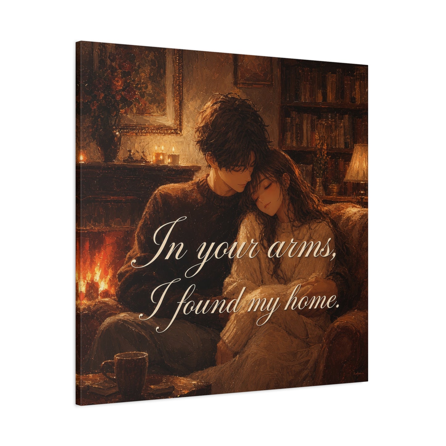 "In Your Arms, I Found My Home" Romantic Couple Canvas Wall Art - Cozy Fireplace Library Scene, Warm Vintage Style - Bedroom Home Decoration, Living Room Accent - Ready to Hang - Office Wall Art