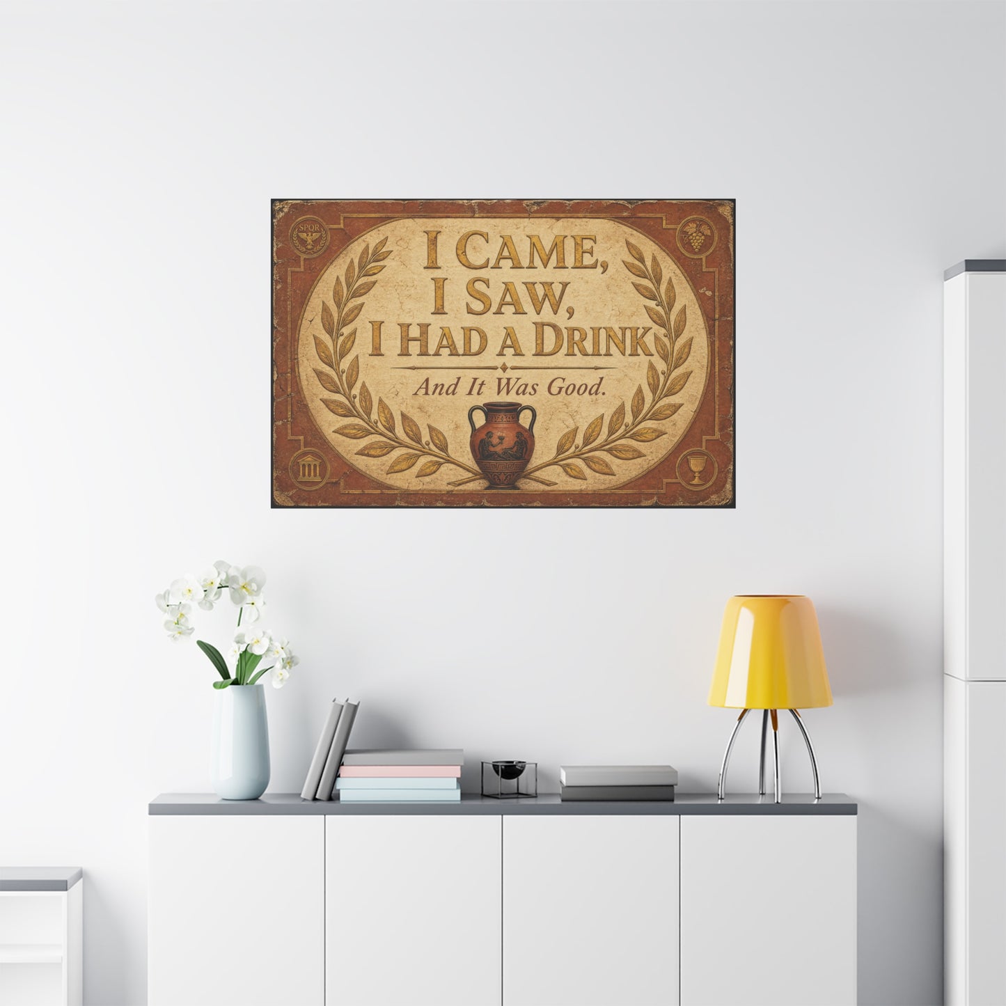 "I Came, I Saw, I Had A Drink And It Was Good." Canvas Wall Art - Vintage Roman Humor Quote Decor, Classical Laurel Amphora Design - Rustic Typography Style For Bar - Ready to Hang - Pub Wall Art
