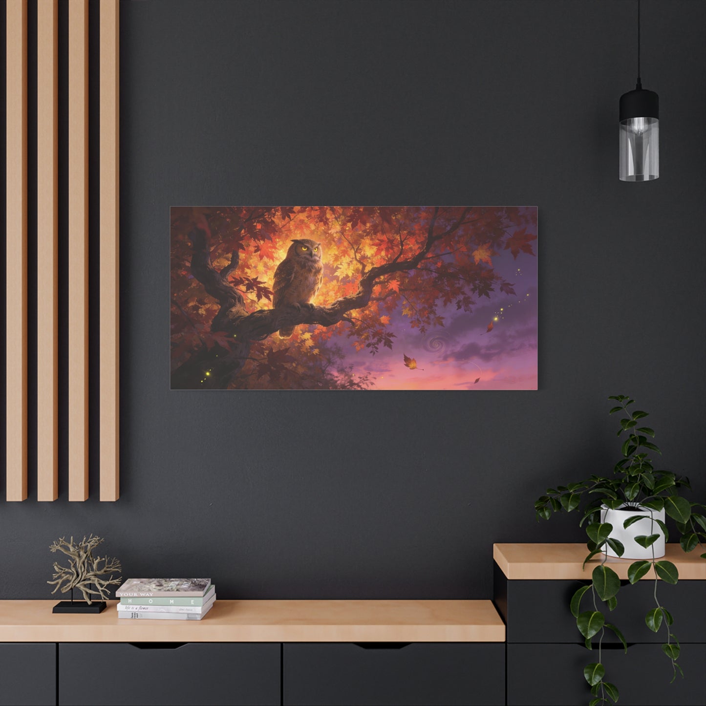 Owl Canvas Wall Art - Autumn Tree Branch Wildlife Illustration, Glowing Twilight Sky - Matte Canvas Print, Rustic Nature Style - Living Room Wall Decor, Bedroom Home Decoration - Cozy Reading Nook Art