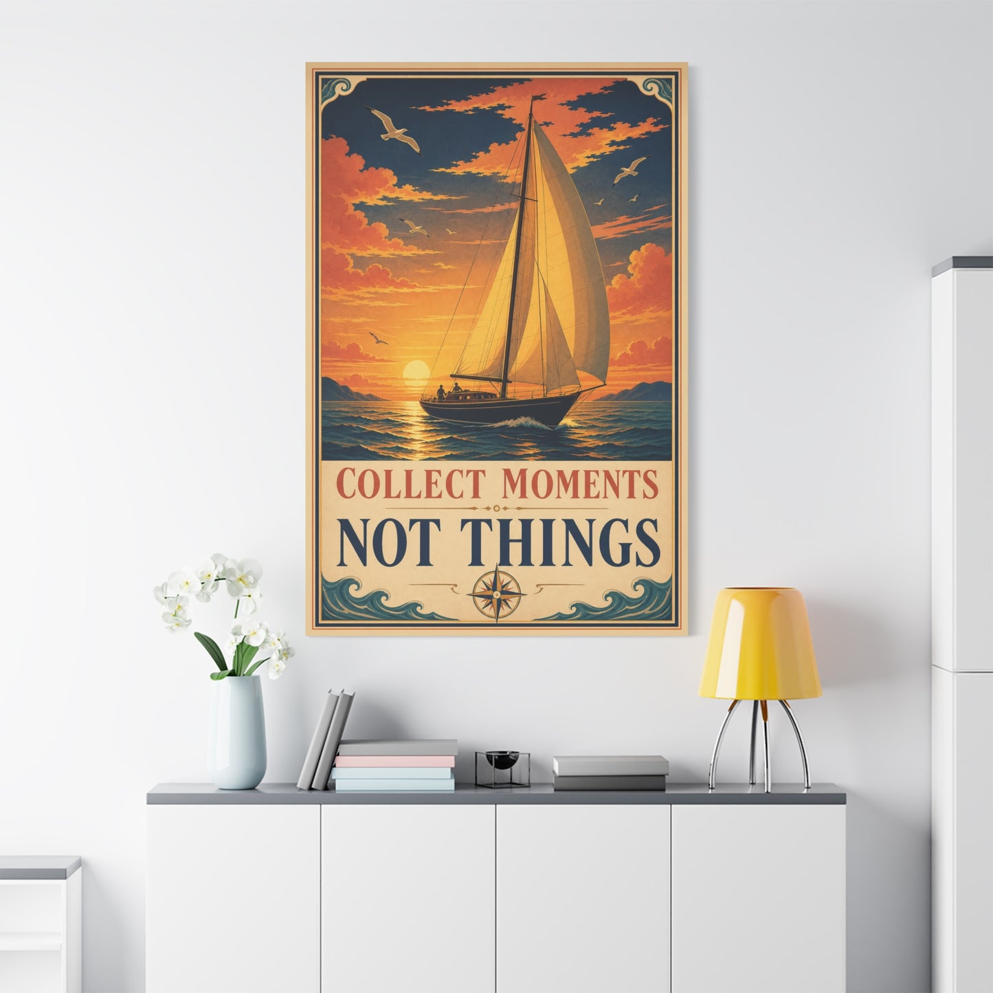"Collect Moments Not Things" Sailboat Canvas Wall Art - Vintage Nautical Sunset Seascape, Inspirational Ocean Poster Style - Coastal Living Room Wall Decor, Bedroom Home Decoration - Ready to Hang