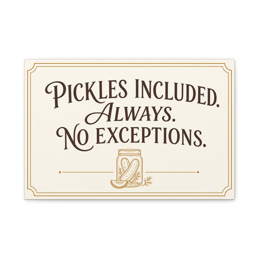 "Pickles Included. Always. No Exceptions." Funny Pickle Canvas Wall Art - Vintage Typography Kitchen Decor, Rustic Farmhouse Quote Print, Dining Room Wall Hanging - Ready to Hang - Ready to Hang