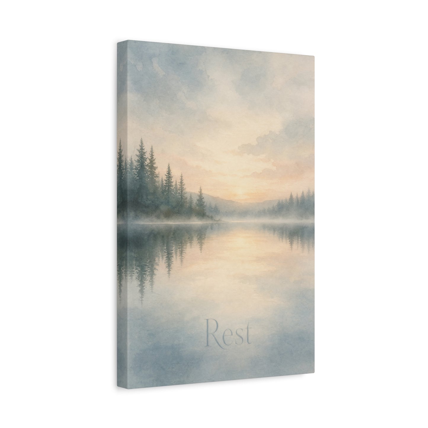 "Rest" Misty Lake Canvas Wall Art - Pine Forest Sunrise Reflection Print - Serene Landscape Home Decor, Bedroom Wall Hanging, Minimalist Nature Artwork, Meditation Space Accent - Ready to Hang
