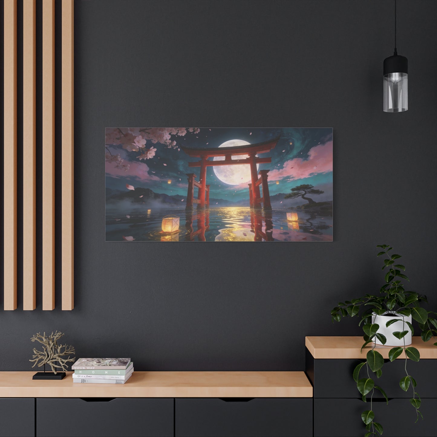 Japanese Torii Gate Canvas Wall Art - Moonlit Lake, Cherry Blossom Petals - Contemporary Fantasy Landscape - Living Room Wall Decor, Bedroom Home Decoration, Meditation Space - Bedroom Home Decoration
