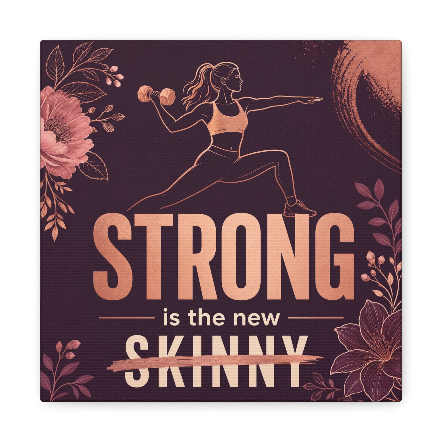"Strong Is The New Skinny" Fitness Canvas Wall Art - Woman With Dumbbell Floral Quote Print - Rose Gold Motivational Decor - Modern Bedroom Wall Decor - Bedroom Home Decoration - Cozy Reading Nook Art