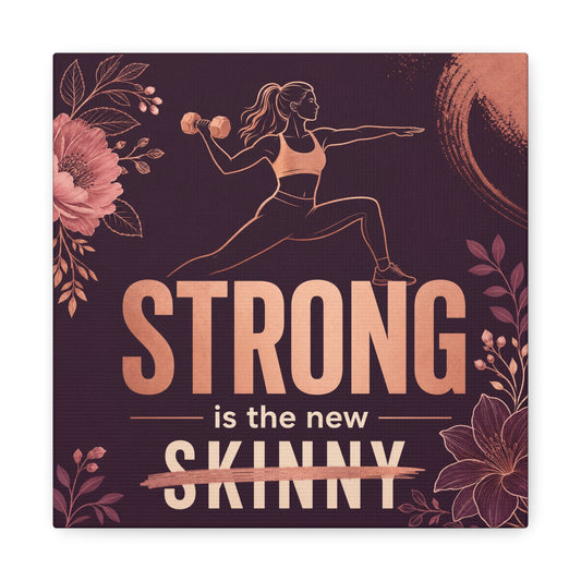 "Strong Is The New Skinny" Fitness Canvas Wall Art - Woman With Dumbbell Floral Quote Print - Rose Gold Motivational Decor - Modern Bedroom Wall Decor - Bedroom Home Decoration - Cozy Reading Nook Art