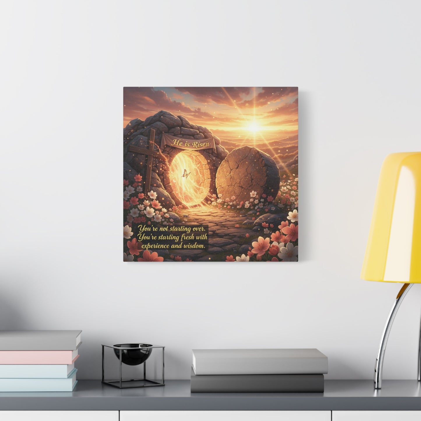 "He Is Risen" Christian Canvas Wall Art - Empty Tomb Cross Sunrise Scripture Print - Floral Faith Home Decoration - Modern Farmhouse Style