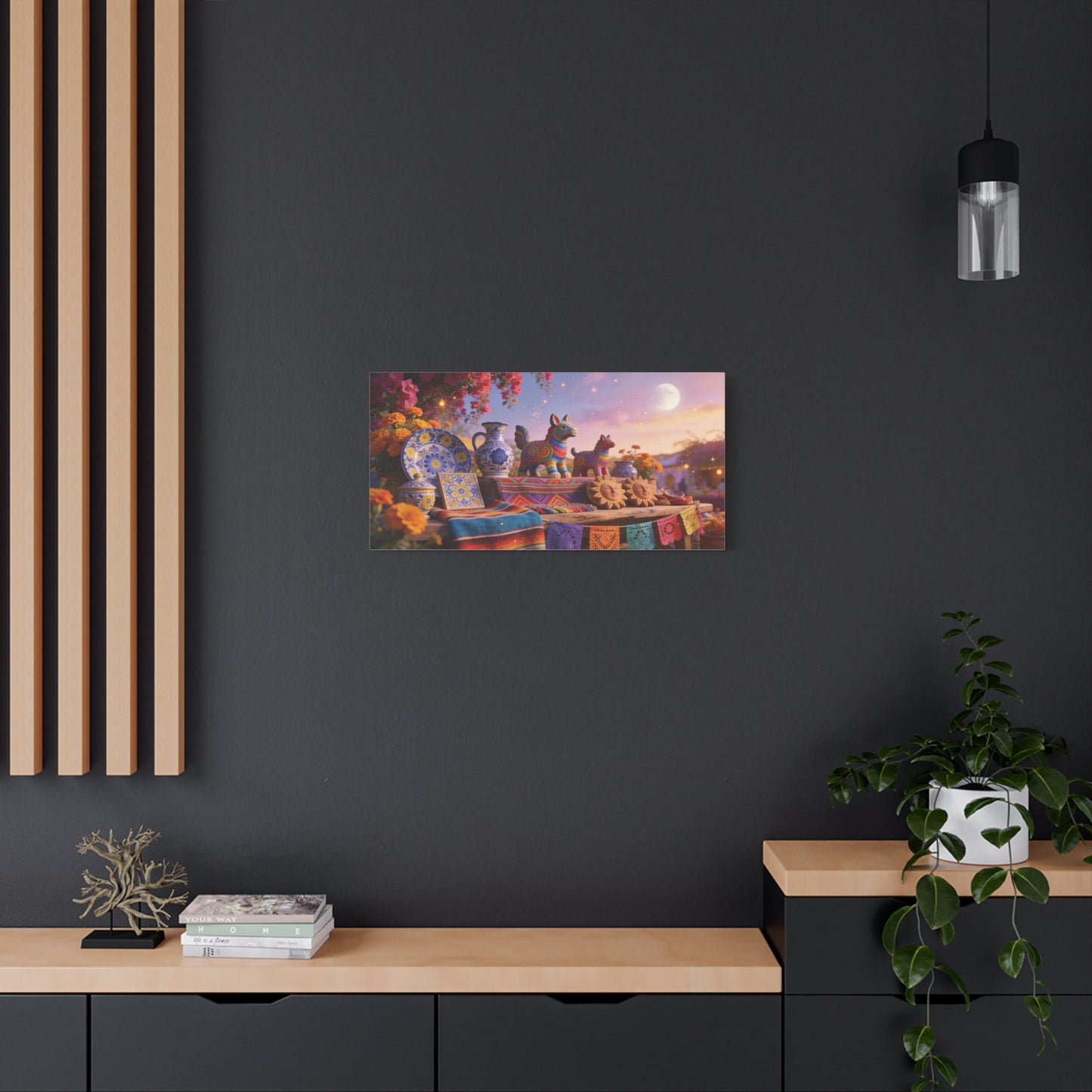 Talavera Pottery Folk Art Canvas Wall Art - Colorful Mexican Table Still Life, Moonlit Fiesta Decor - Matte Cotton Print - Bohemian Living Room Wall Decor, Dining Room Accent - Bedroom Home Decoration