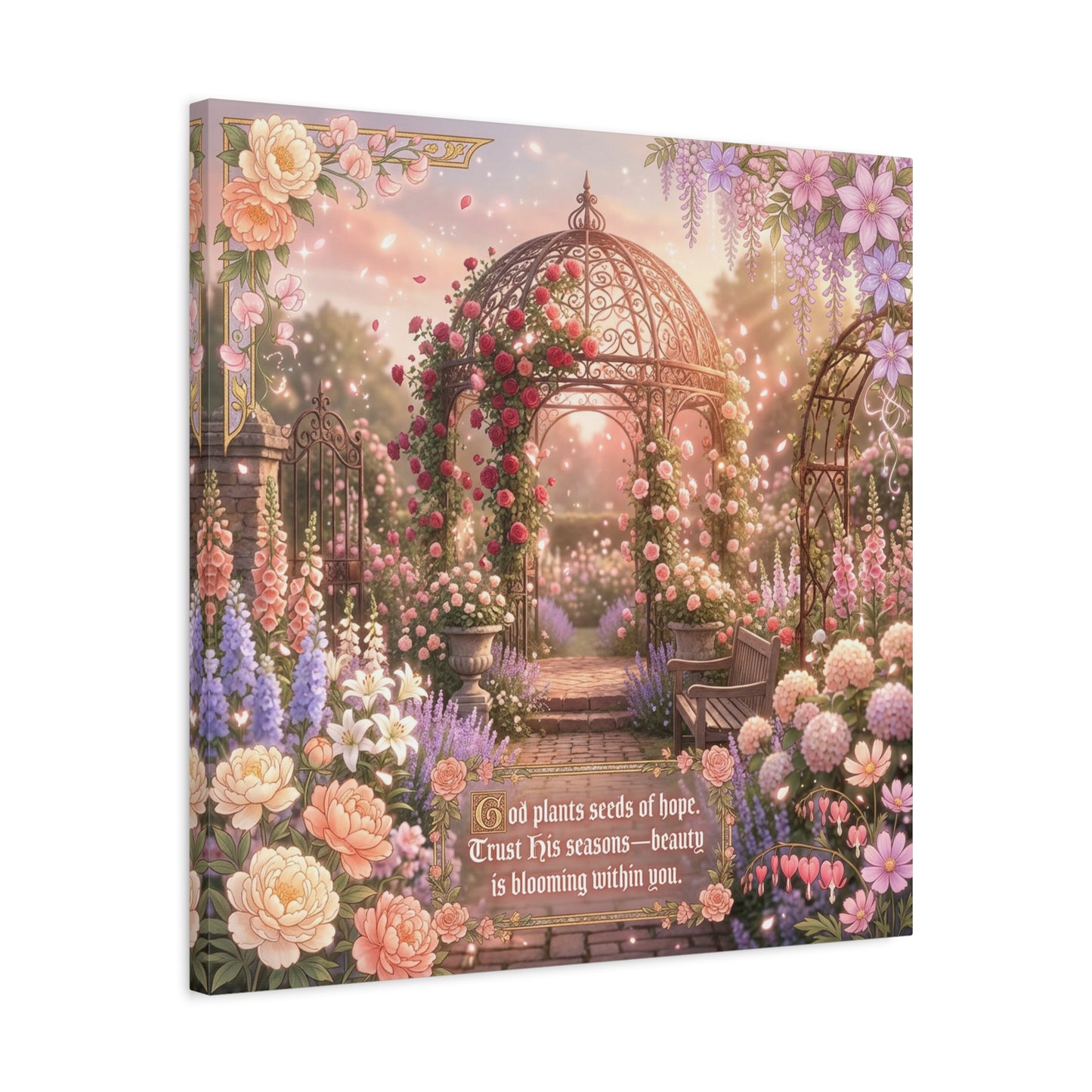 "God Plants Seeds Of Hope" Floral Garden Canvas Wall Art - Romantic Rose Gazebo Scripture Quote Print - Matte Botanical Cottagecore Decor - Bedroom Living Room Home Decoration - Living Room Wall Decor