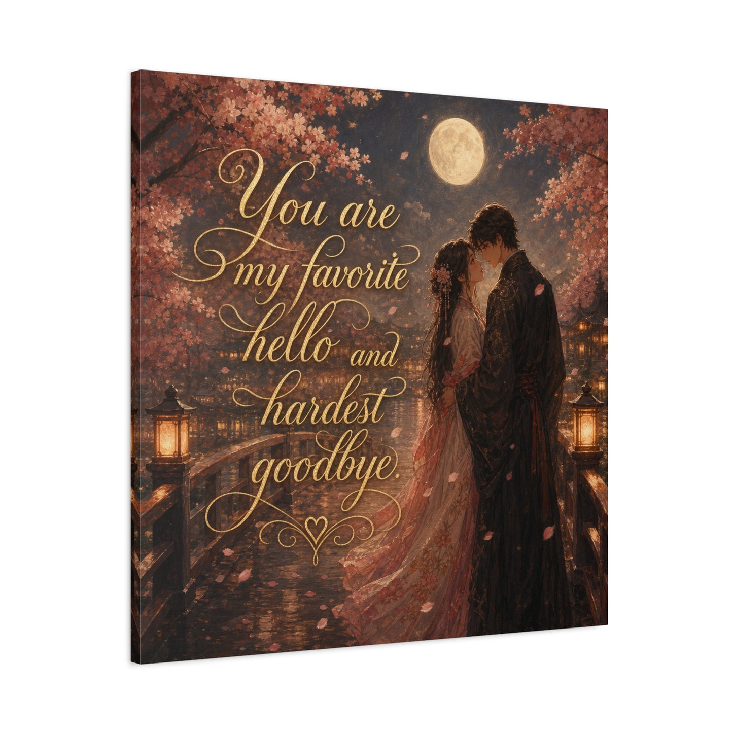 "You Are My Favorite Hello And Hardest Goodbye" Romantic Canvas Wall Art - Moonlit Cherry Blossom Couple, Gold Script Quote Print - Traditional Love Decor, Bedroom Wall Hanging - Cozy Reading Nook Art