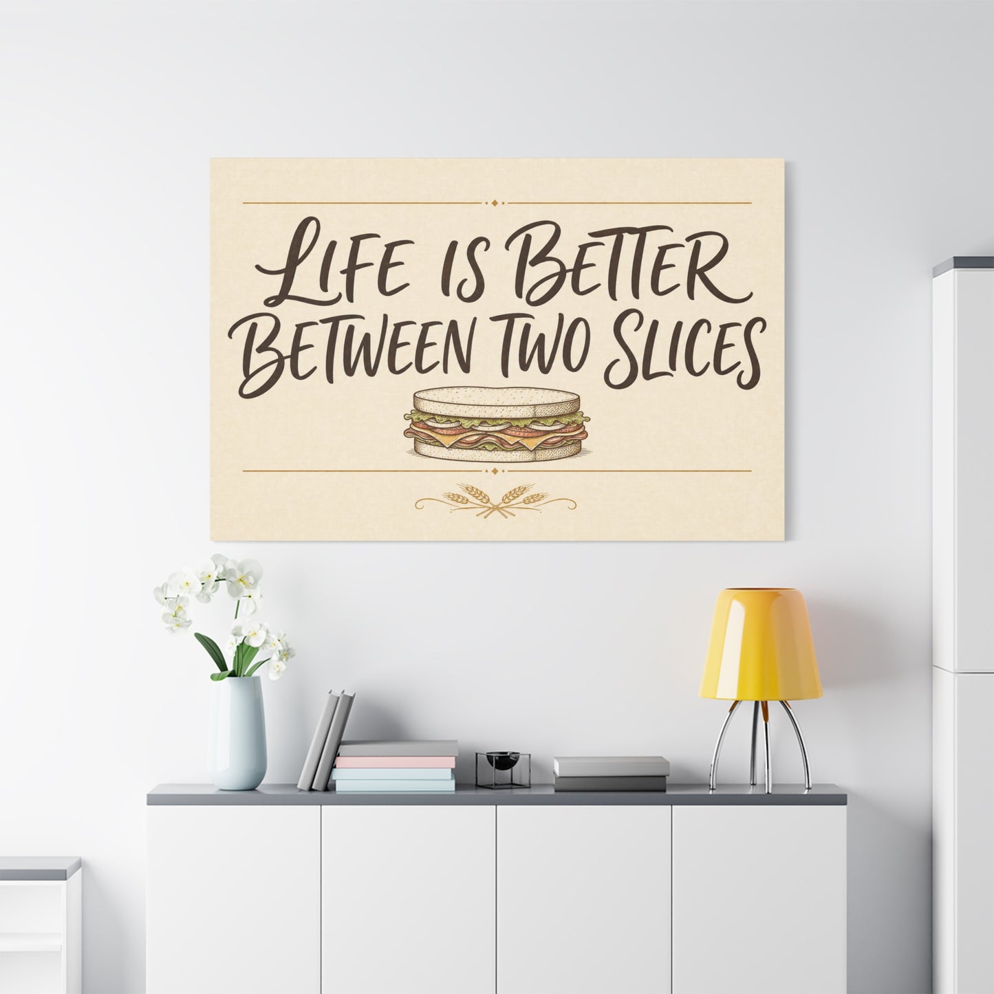 "Life Is Better Between Two Slices" Sandwich Canvas Wall Art - Funny Quote Print, Vintage Farmhouse Style, Beige Food Illustration - Ready to Hang - Ready to Hang - Deli Wall Decor - Diner Decor