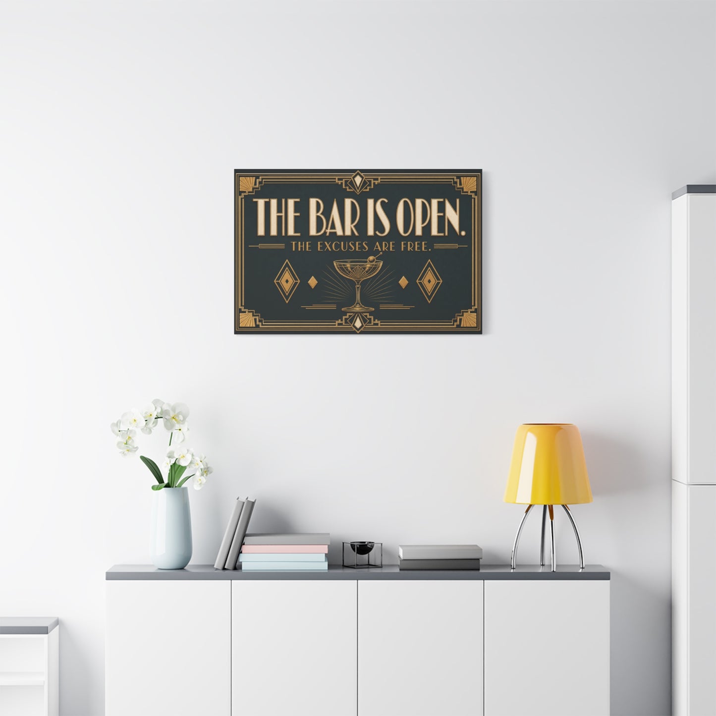 "The Bar Is Open. The Excuses Are Free." Art Deco Canvas Wall Art - Cocktail Lounge Quote Print, Vintage Bar Cart Decor, Speakeasy Style - Ready to Hang - Tavern Wall Decor - Speakeasy Style Sign