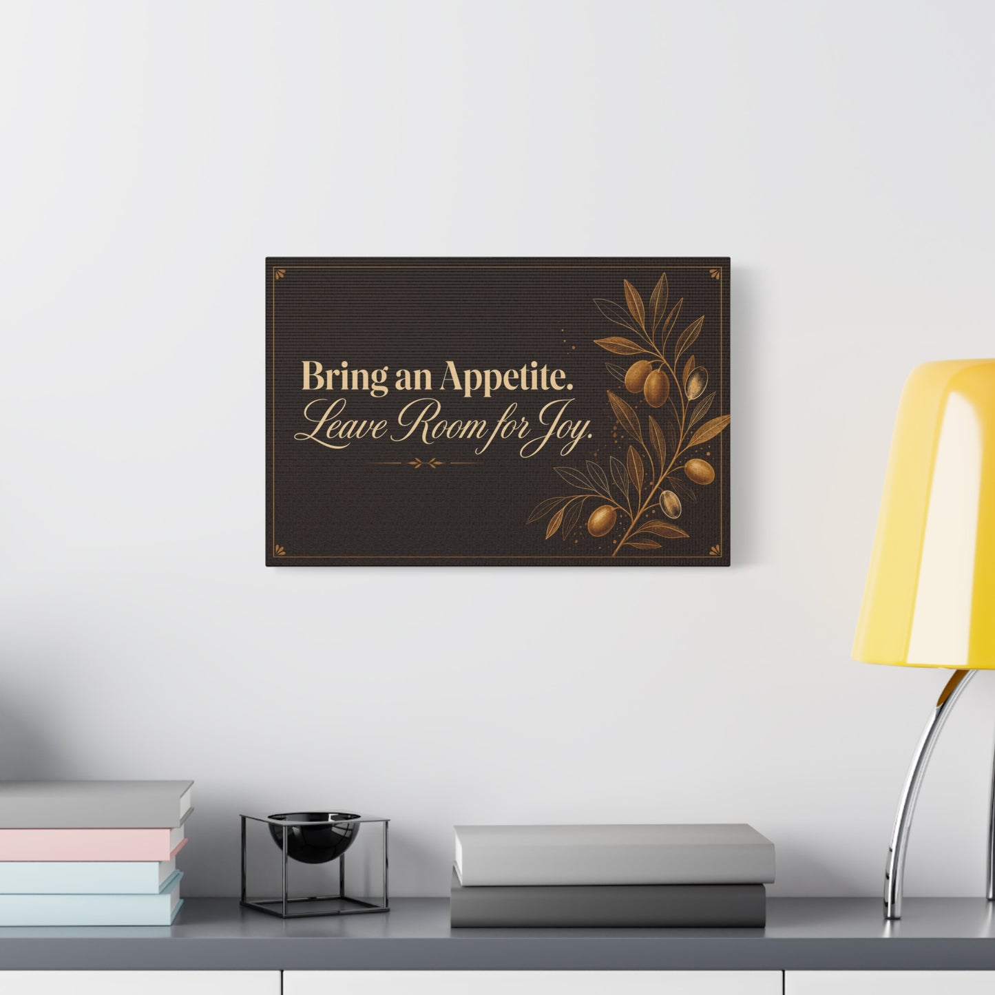 "Bring An Appetite. Leave Room For Joy." Typography Canvas Wall Art - Olive Branch Kitchen Decor - Vintage Dark Brown And Gold Quote Print - Dining Room Home Decoration - Bedroom Home Decoration