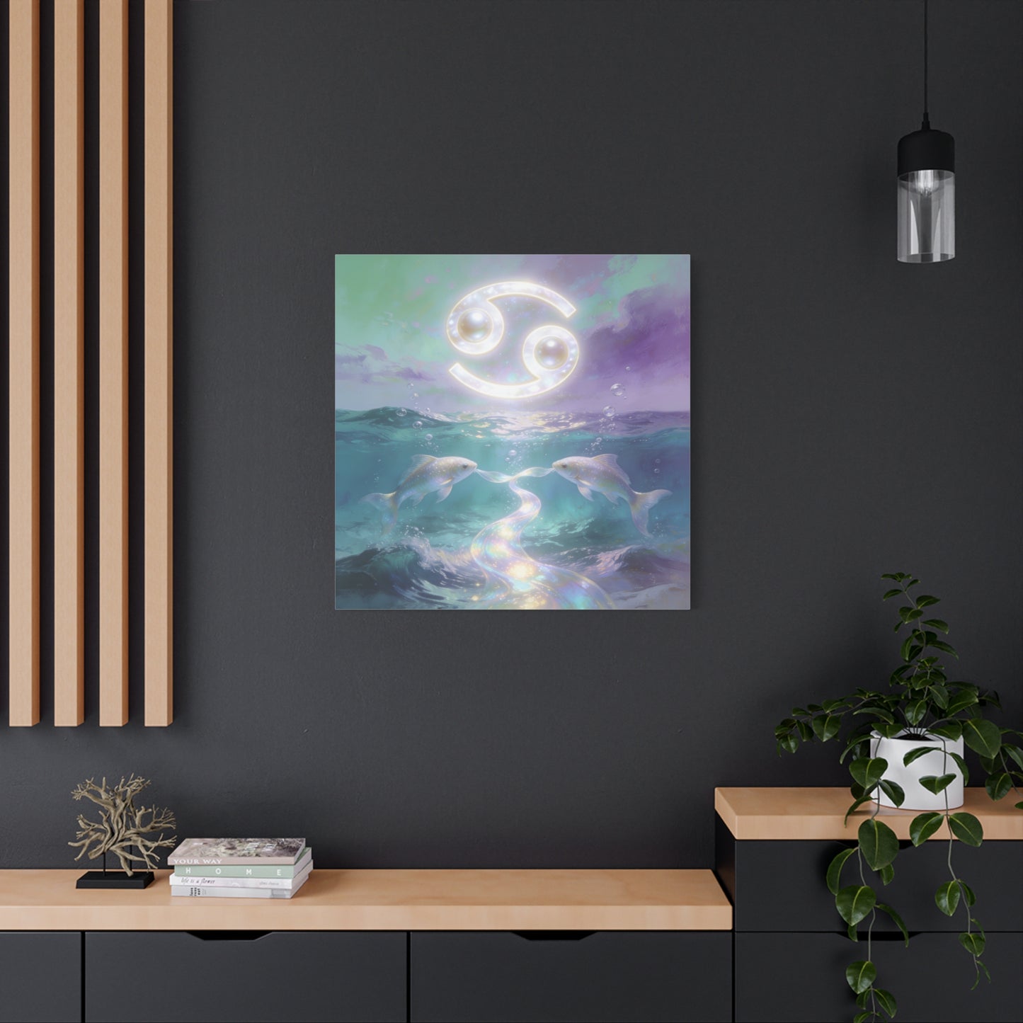 Cancer Zodiac Canvas Wall Art - Two Pearl Fish Ocean Illustration, Celestial Astrology Decor - Iridescent Matte Canvas Print - Mystical Coastal Style For Bedroom Living Room - Living Room Wall Decor