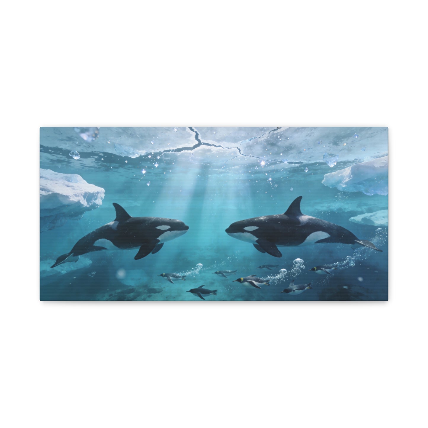 Orca Whale Canvas Wall Art - Arctic Ocean Underwater Scene, Penguins, Sea Ice - Coastal Wildlife Decor - Matte Canvas Print - Living Room Wall Decor, Bedroom Home Decoration - Bedroom Home Decoration