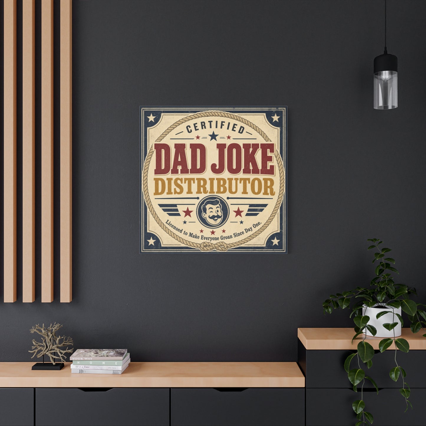 "Dad Joke Distributor" Funny Canvas Wall Art - Vintage Typography Humor Print, Retro Patriotic Stars And Mustache Illustration - Farmhouse Office Decor, Man Cave Wall Hanging - Bedroom Home Decoration