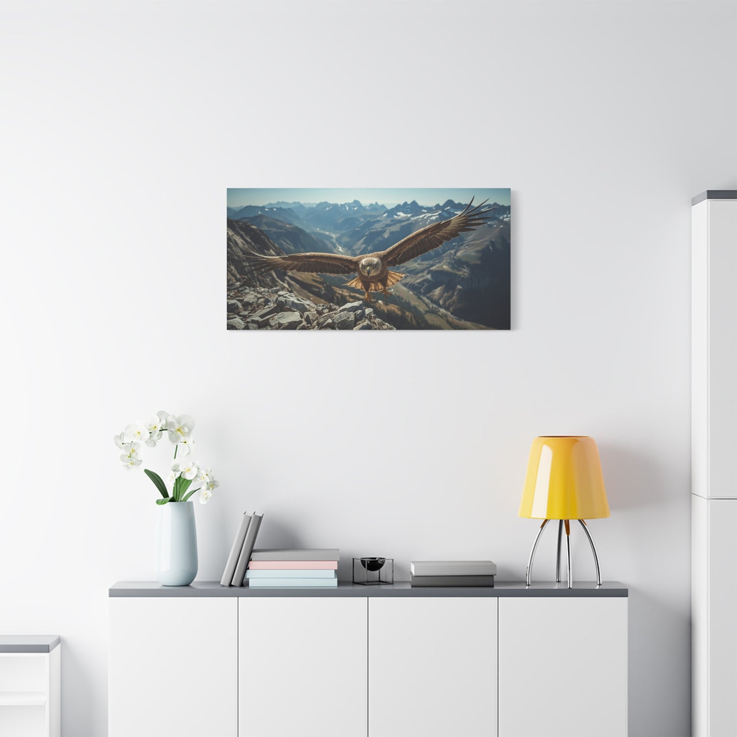 Golden Eagle Canvas Wall Art - Mountain Wildlife Landscape, Alpine Valley Bird Print - Matte Cotton Art Print, Rustic Contemporary Style - Living Room Wall Decor, Office Accent - Ready to Hang
