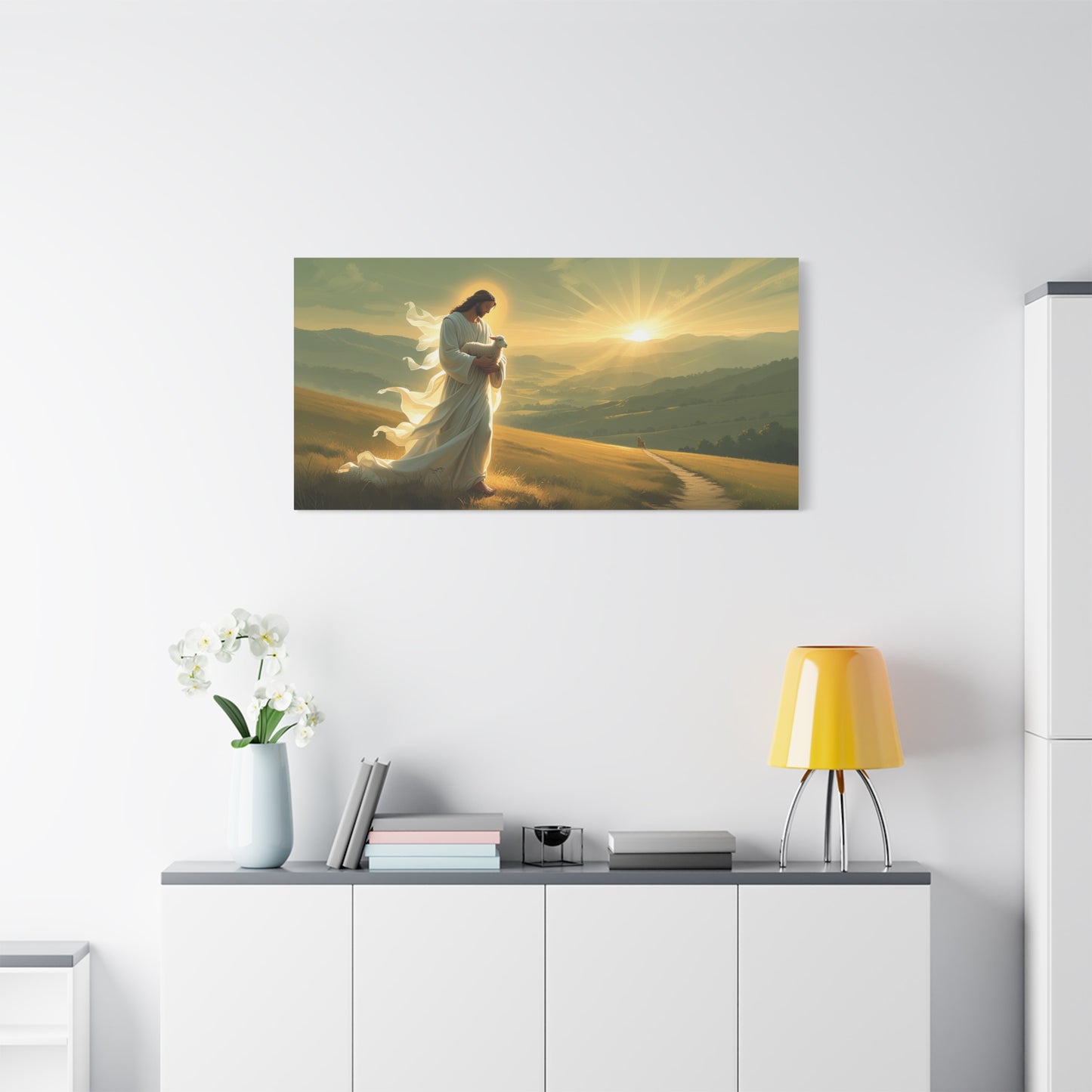 Jesus Holding Lamb Canvas Wall Art - Christian Sunset Landscape Print, Golden Light Faith Decor - Matte Cotton Canvas - Traditional Living Room Wall Decor, Bedroom Home Accent - Modern Farmhouse Style