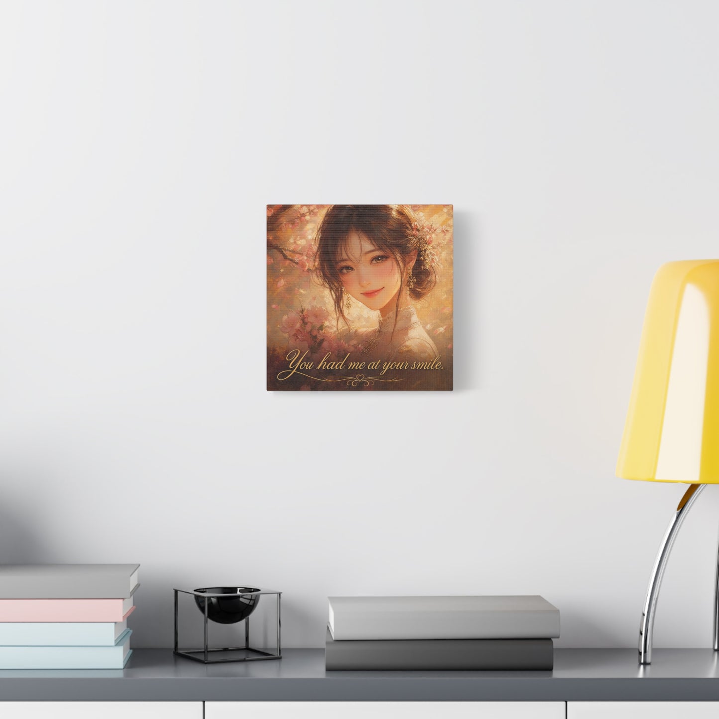 You Had Me At Your Smile Portrait Canvas Wall Art - Romantic Floral Woman Quote Print - Golden Blush Illustration - Traditional Style Living Room Decor - Ready to Hang - Living Room Wall Decor