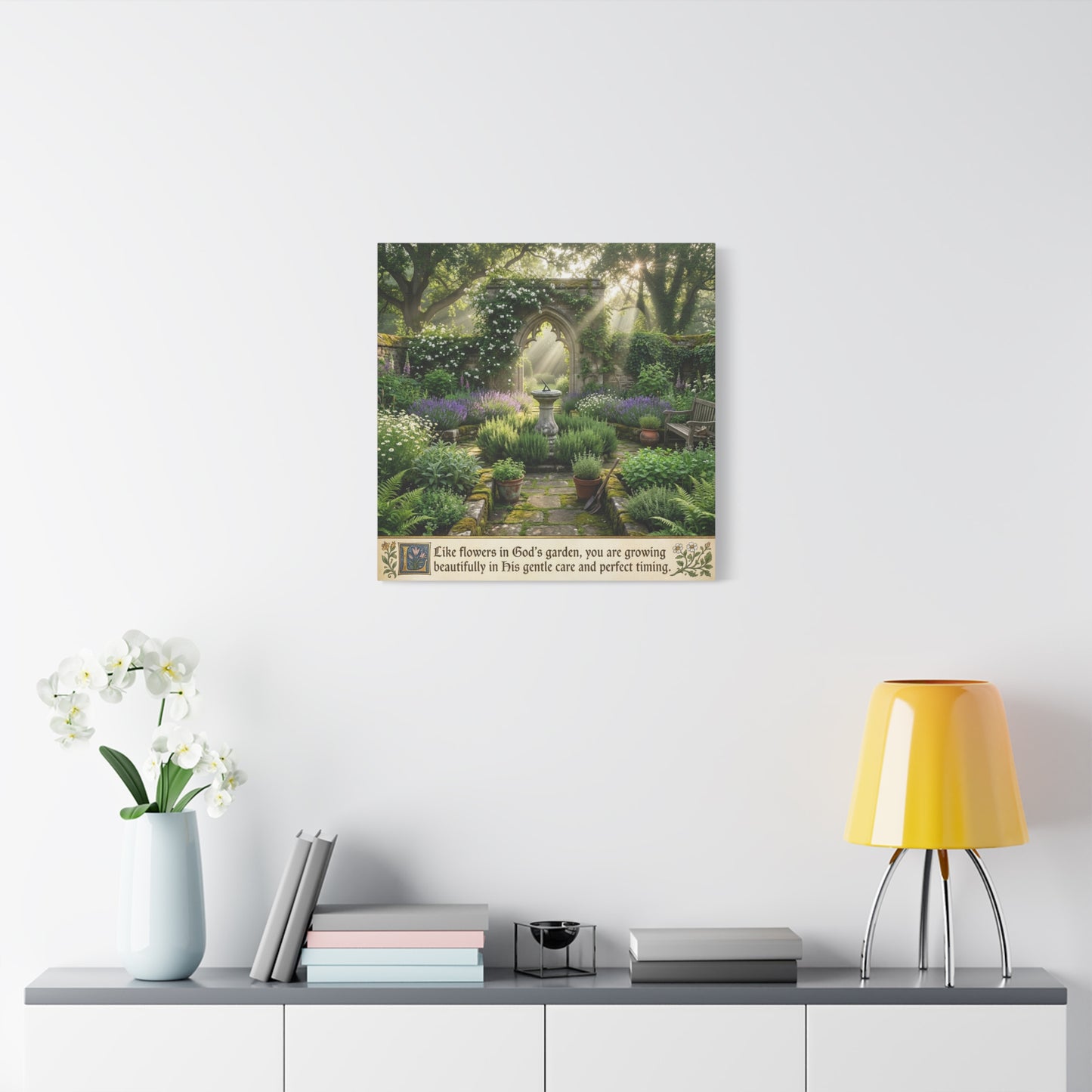 "Like Flowers In God's Garden, You Are Growing Beautifully In His Gentle Care And Divine Timing" Canvas Wall Art - Sunlit Garden Arch, Botanical Landscape Print - Living Room Decor - Office Wall Art