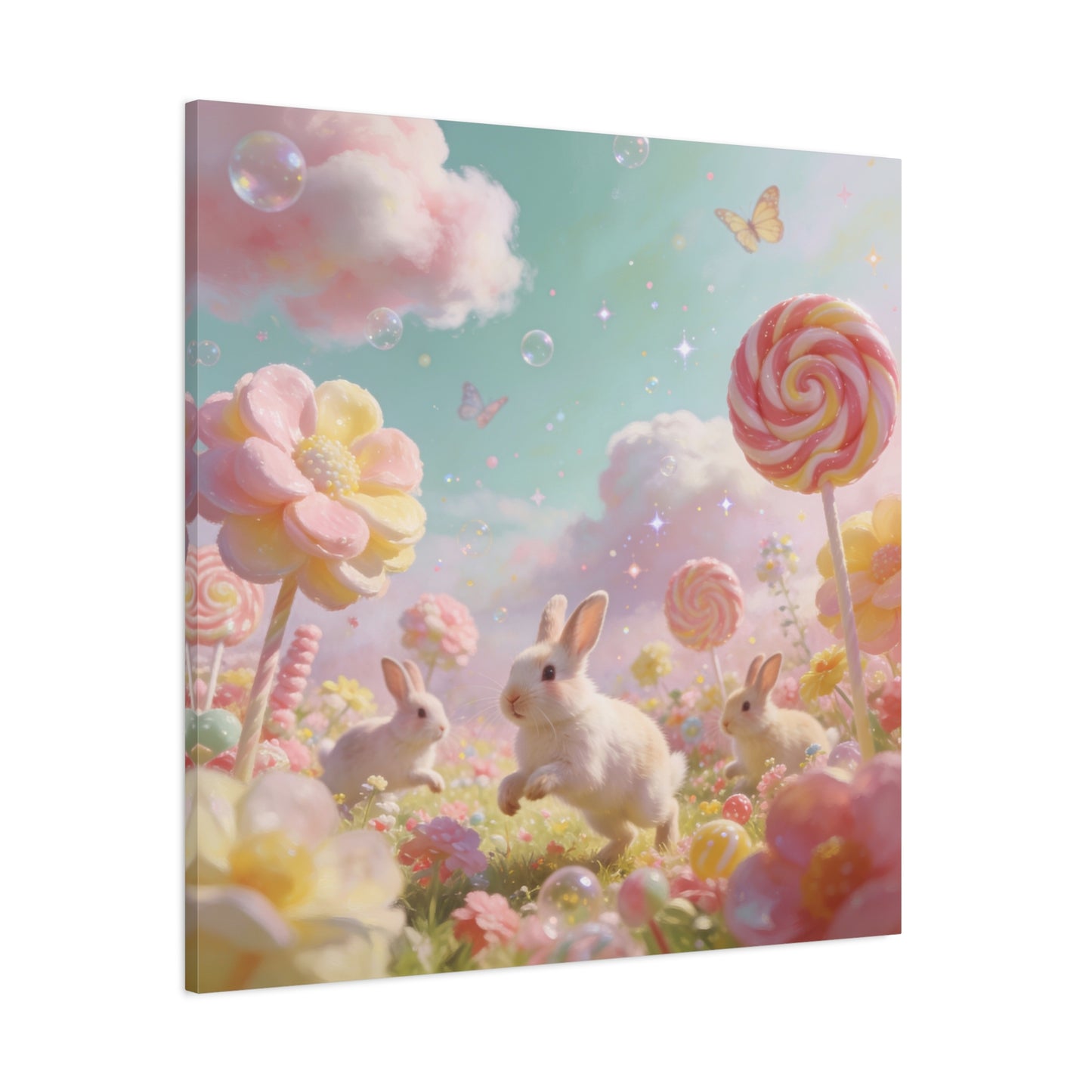 Bunny Candyland Canvas Wall Art - Pastel Rabbit Meadow, Lollipop Flowers, Dreamy Nursery Wall Decor - Whimsical Illustration - Bedroom Home Decoration, Kids Room Accent - Bedroom Home Decoration