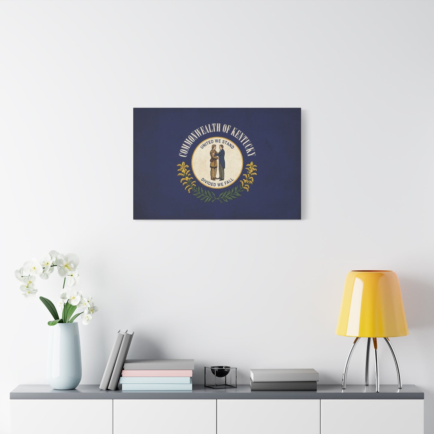"Commonwealth Of Kentucky, United We Stand Divided We Fall" Canvas Wall Art - Kentucky State Flag Print, Blue Heraldic Seal Design - Vintage Style - Living Room Wall Decor, Office Art - Ready to Hang