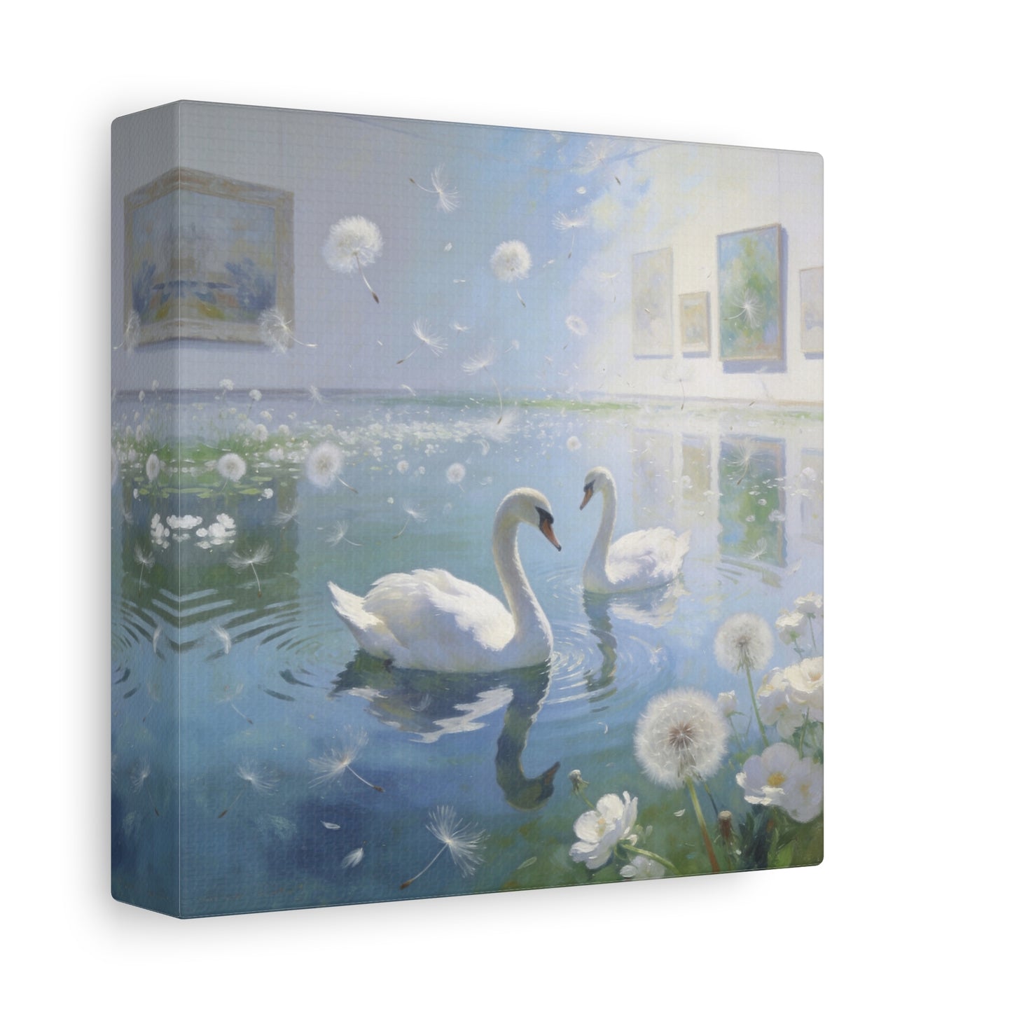 White Swan Canvas Wall Art - Serene Pond With Dandelion Seeds, Soft Blue Water Reflection - Dreamy Traditional Style - Living Room Wall Decor, Bedroom Home Decoration, Office Art - Ready to Hang