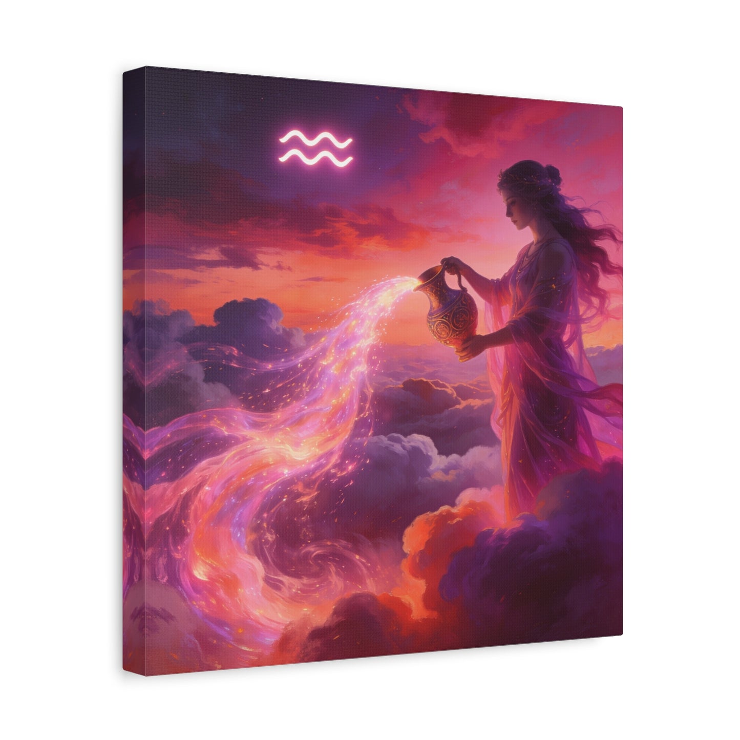 Aquarius Goddess Canvas Wall Art - Zodiac Woman Pouring Celestial Water, Fantasy Sky Illustration - Pink Purple Matte Canvas Print - Bedroom Wall Decor, Bohemian Home Accent - Bedroom Home Decoration