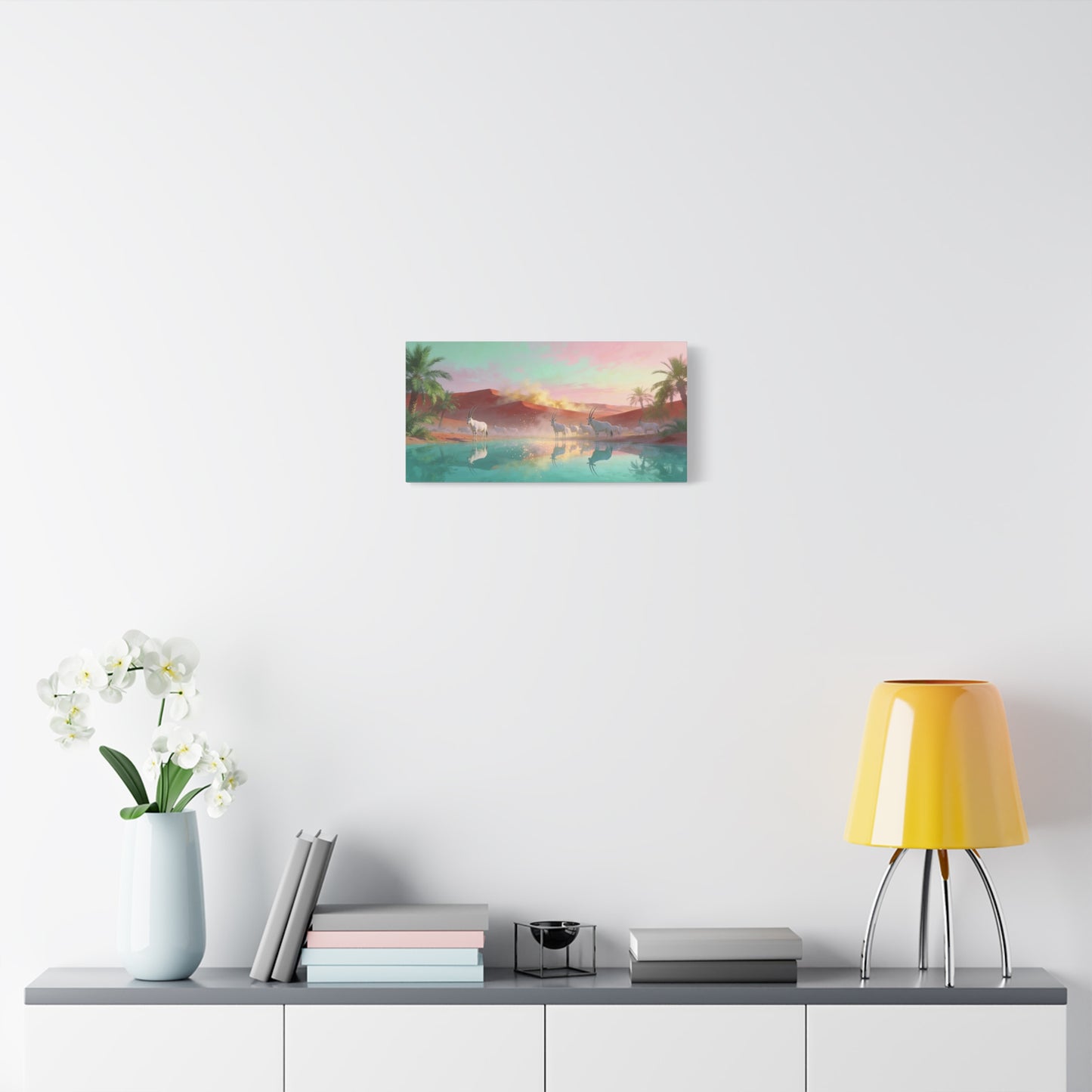 Desert Oasis Oryx Canvas Wall Art - Antelope Lake Reflection, Palm Dunes - Dreamy Surreal Cotton Print - Contemporary Landscape Style - Living Room Wall Decor, Bedroom Accent - Bedroom Home Decoration