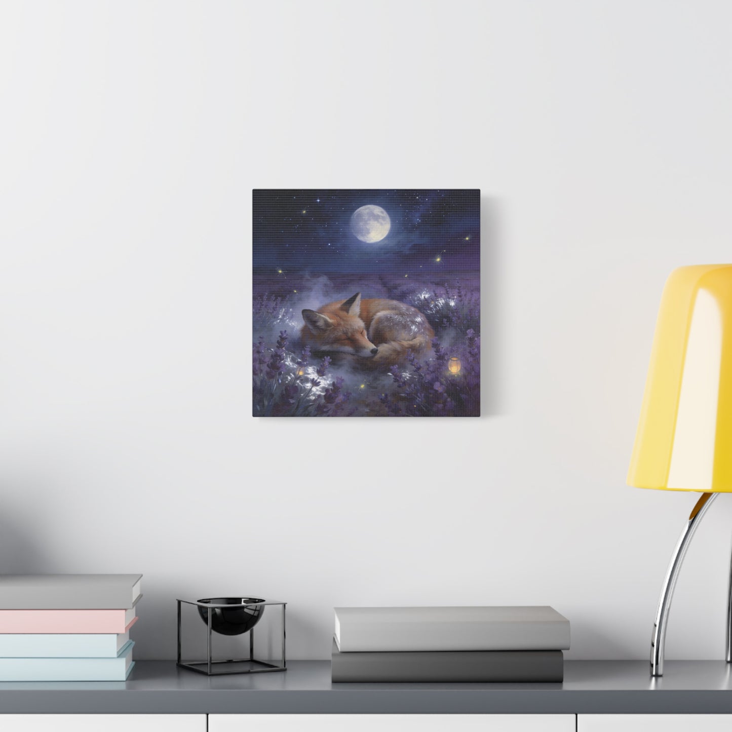 Sleeping Red Fox Canvas Wall Art - Moonlit Lavender Field, Fireflies, Starry Night Sky - Dreamy Woodland Animal Print - Matte Finish Canvas - Bedroom Wall Decor, Nursery Accent - Cozy Reading Nook Art