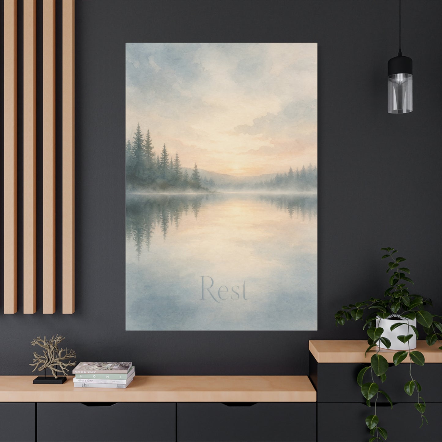 "Rest" Misty Lake Canvas Wall Art - Pine Forest Sunrise Reflection Print - Serene Landscape Home Decor, Bedroom Wall Hanging, Minimalist Nature Artwork, Meditation Space Accent - Ready to Hang