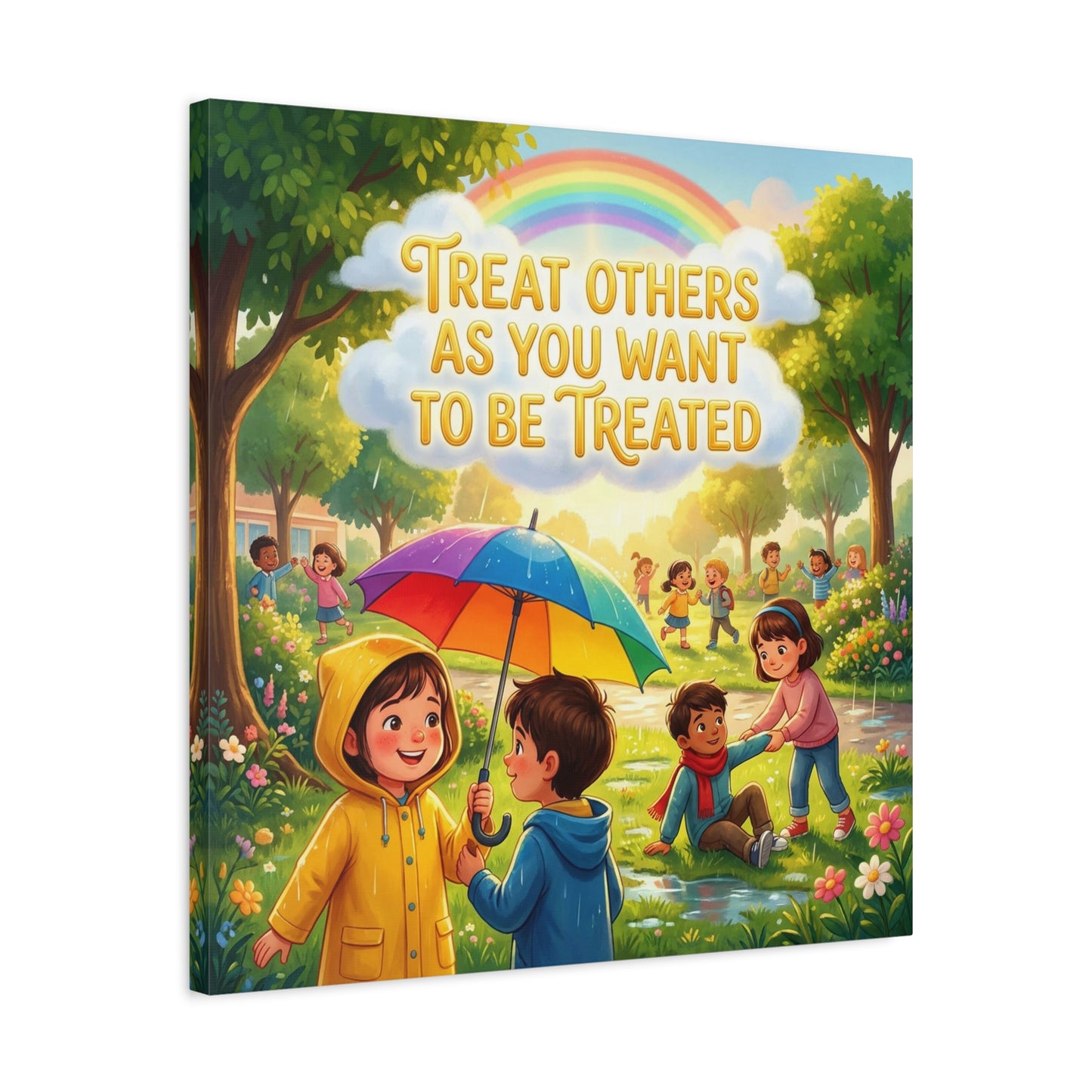 "Treat Others As You Want To Be Treated" Kids Canvas Wall Art - Rainbow Umbrella Kindness Quote Print - Colorful Classroom Decor - Nursery Playroom Bedroom Home Decoration - Bohemian Wall Hanging