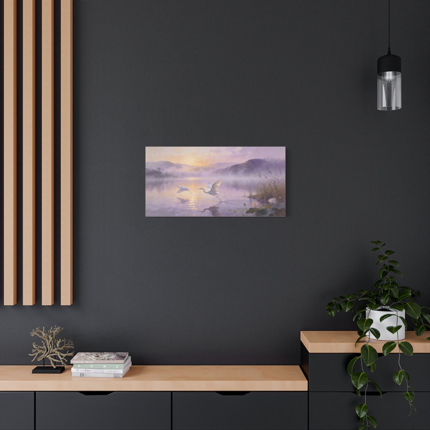 White Egret Canvas Wall Art - Misty Lake Sunrise Birds, Lotus Water Scene - Serene Impressionist Canvas Print - Bedroom Wall Decor, Living Room Home Decoration - Bedroom Home Decoration