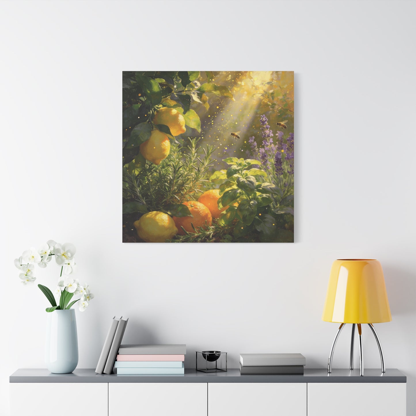 Lemon Herb Garden Canvas Wall Art - Bees, Lavender, Rosemary, Sunlit Botanical Painting - Matte Cotton Print, Rustic Farmhouse Style - Kitchen Wall Decor, Dining Room Accent - Bedroom Home Decoration