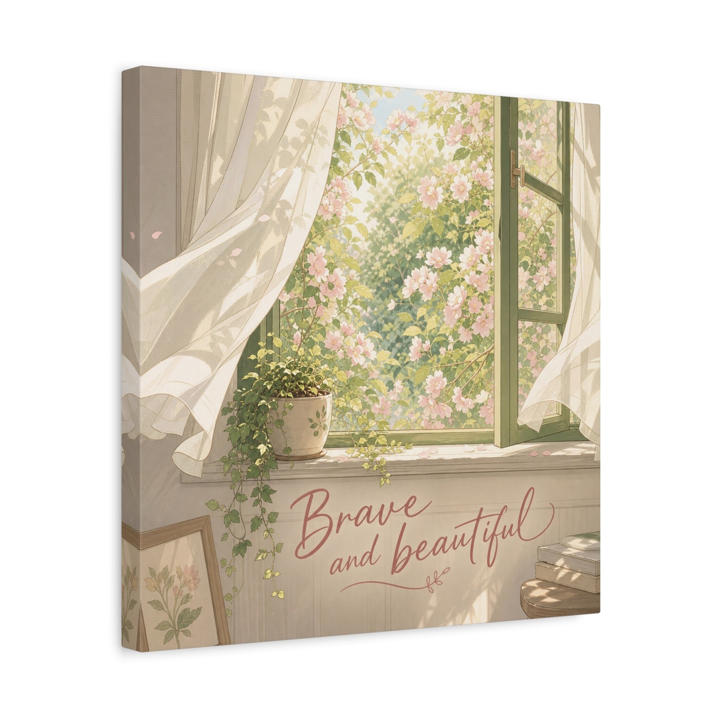"Brave And Beautiful" Inspirational Canvas Wall Art - Open Window Pink Blossoms, Sheer Curtains, Botanical Quote Print - Soft Vintage Style - Bedroom Wall Decor, Living Room Accent - Ready to Hang