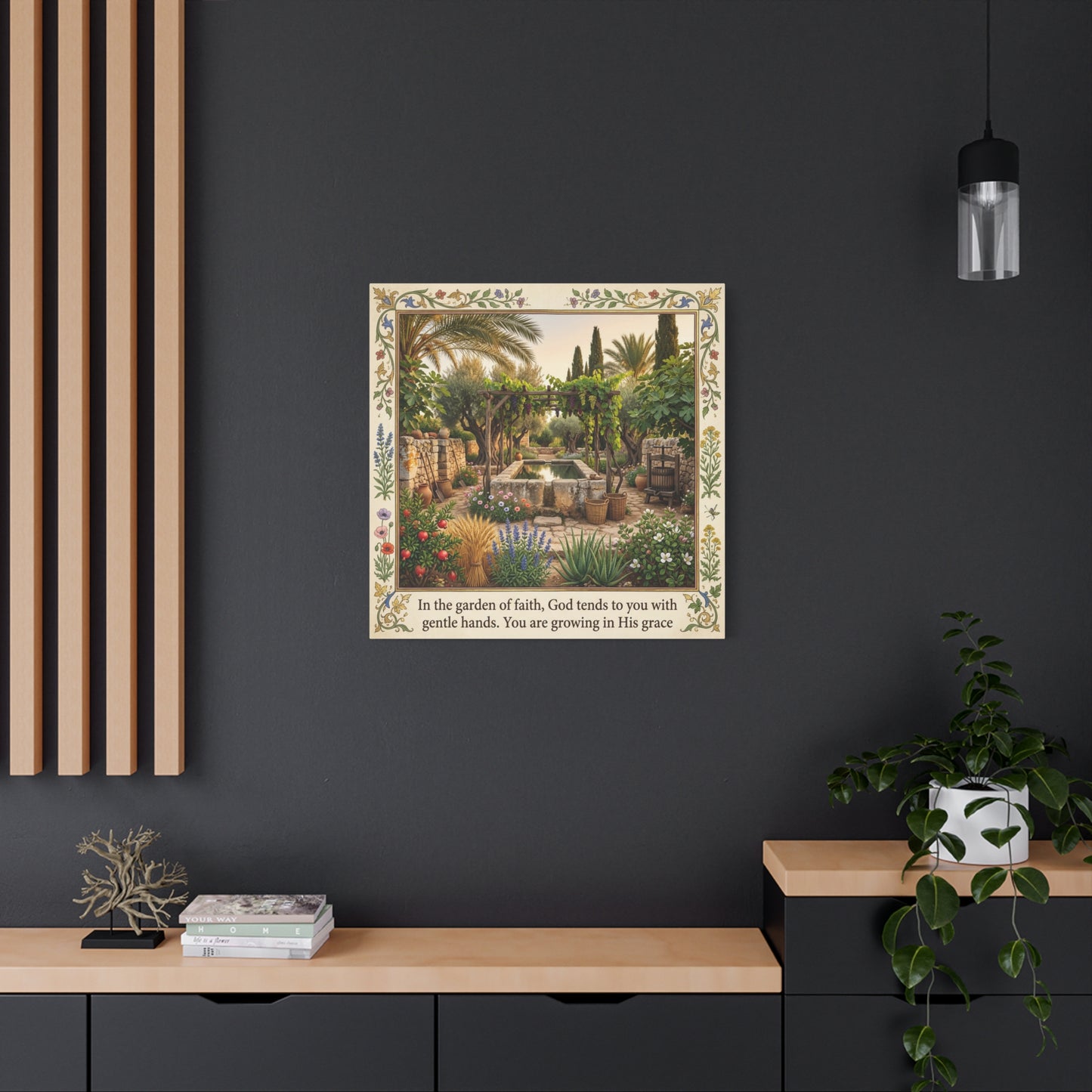 "In The Garden Of Faith, God Tends To You" Canvas Wall Art - Biblical Garden Scripture Print, Floral Border, Rustic Mediterranean Courtyard Scene - Christian Home Decor For Living Room - Ready to Hang
