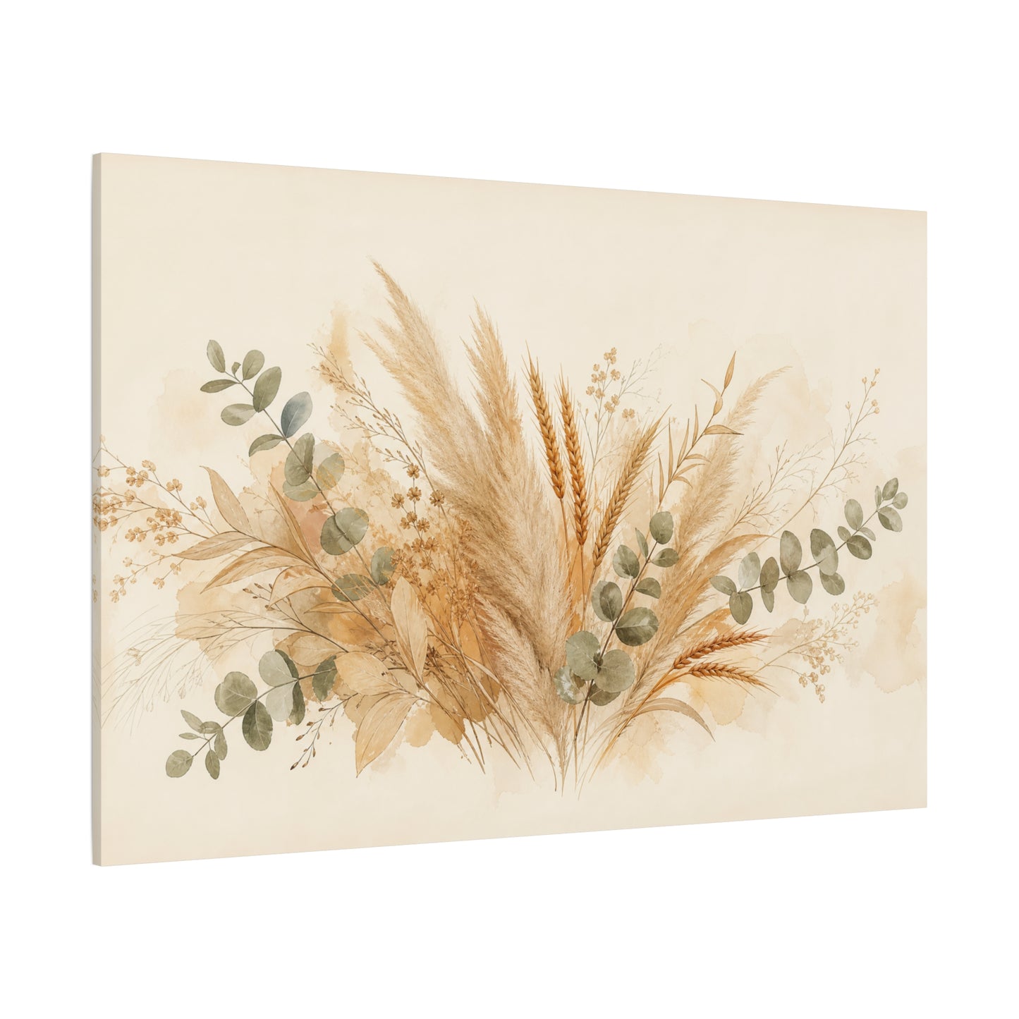 Neutral Botanical Canvas Wall Art - Pampas Grass, Wheat Stems, Eucalyptus Print - Soft Beige Sage Floral Composition - Modern Farmhouse Style - Living Room Wall Decor, Bedroom Home Decoration