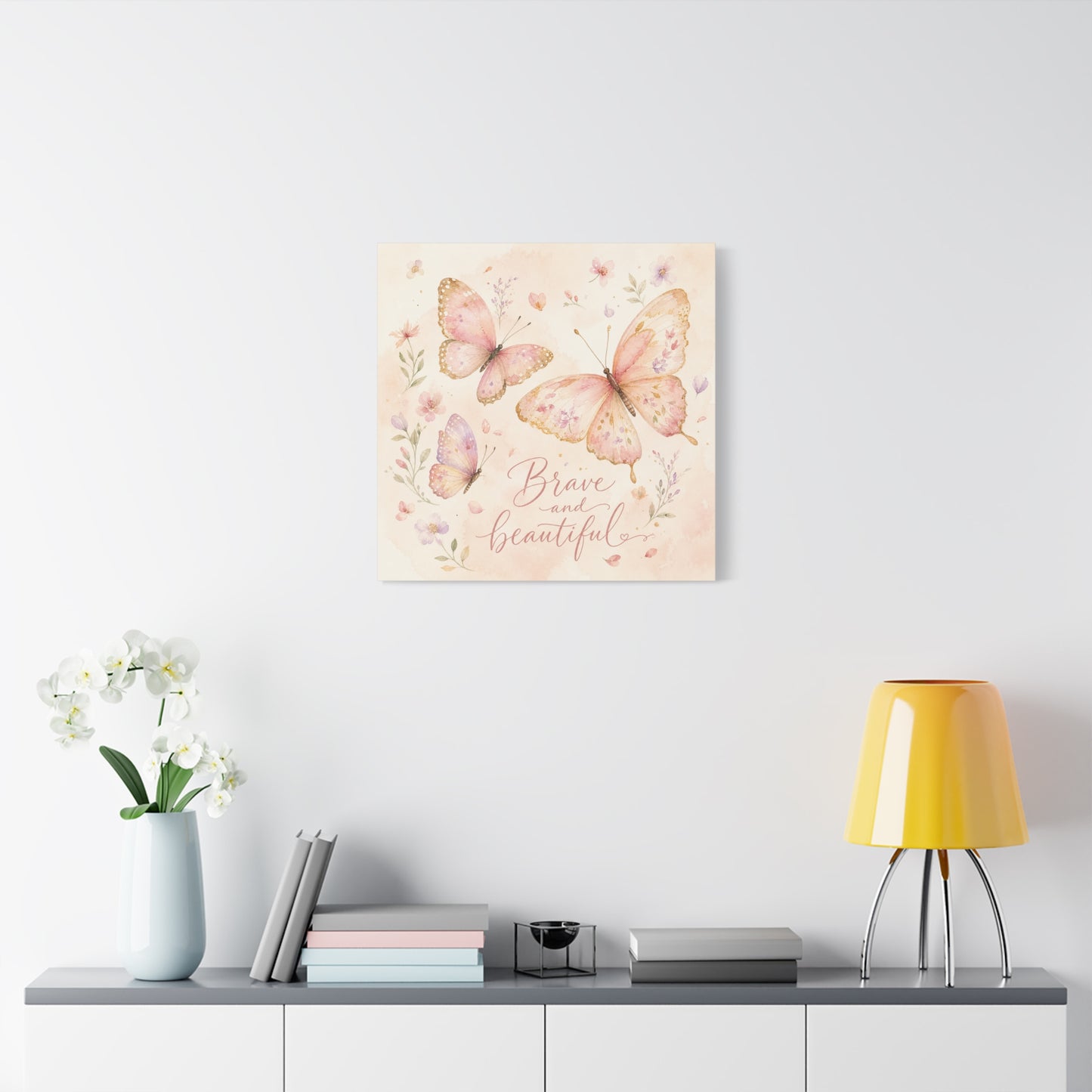 "Brave And Beautiful" Butterfly Canvas Wall Art - Pink Floral Watercolor Quote Print - Inspirational Girls Bedroom Decor - Nursery Wall Hanging - Bedroom Home Decoration - Modern Farmhouse Style