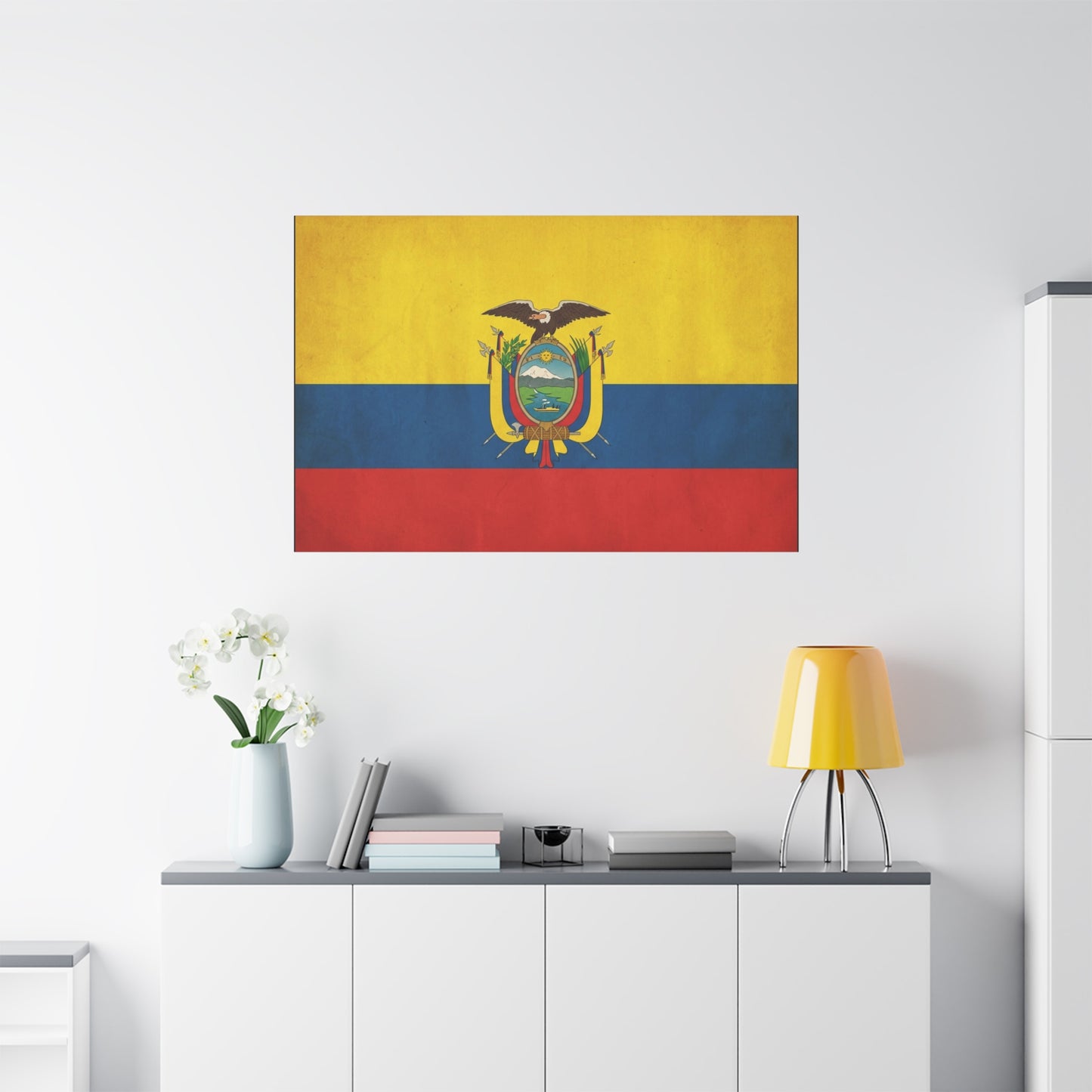 Ecuador Flag Canvas Wall Art - Vintage National Banner Print, Yellow Blue Red Tricolor With Coat Of Arms - Traditional Patriotic Decor - Living Room Home Decoration, Office Accent - Office Wall Art