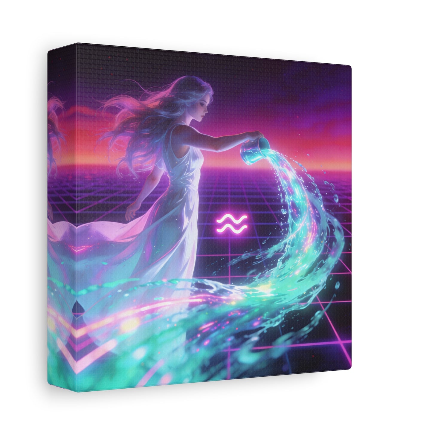 Aquarius Woman Canvas Wall Art - Neon Water Bearer Zodiac Illustration, Retro Synthwave Aesthetic - Matte Canvas Print - Bedroom Wall Decor, Home Office Accent, Mystical Decor - Modern Farmhouse Style