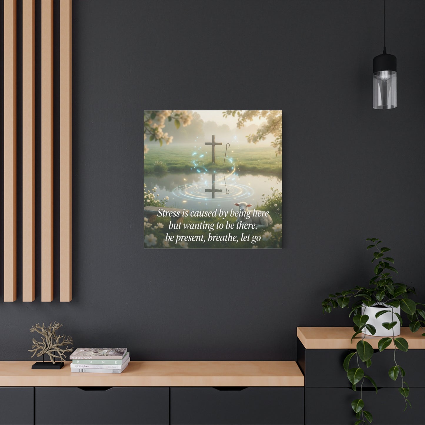 "Stress is caused by being here but wanting to be there, be present, breathe, let go" Cross Canvas Wall Art - Christian Inspirational Pond Scene - Traditional Style - Bedroom Wall Decor