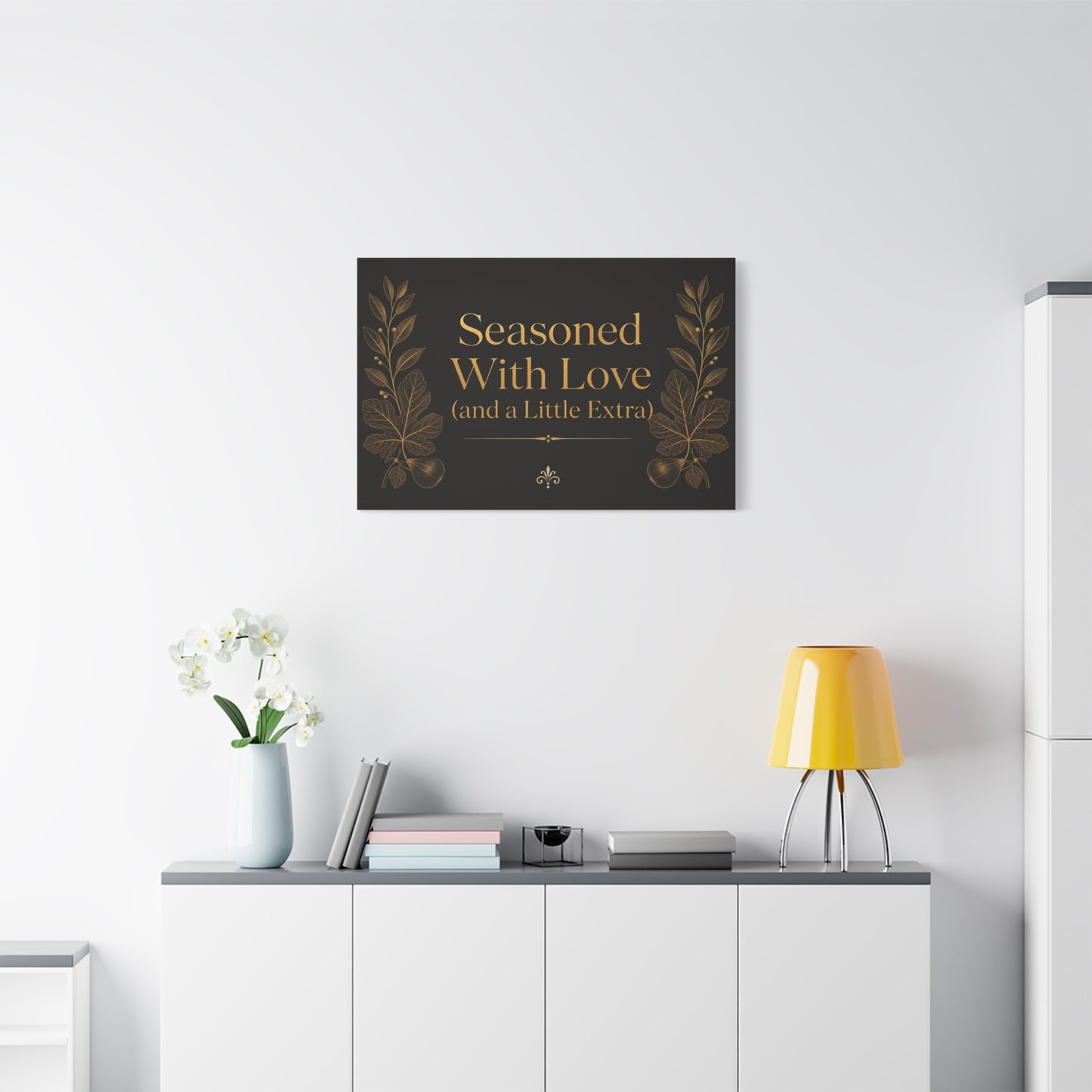 "Seasoned With Love (and a Little Extra)" Typography Canvas Wall Art - Black And Gold Kitchen Quote Decor, Vintage Botanical Cooking Wall Hanging, Dining Room Home Decoration - Bedroom Home Decoration