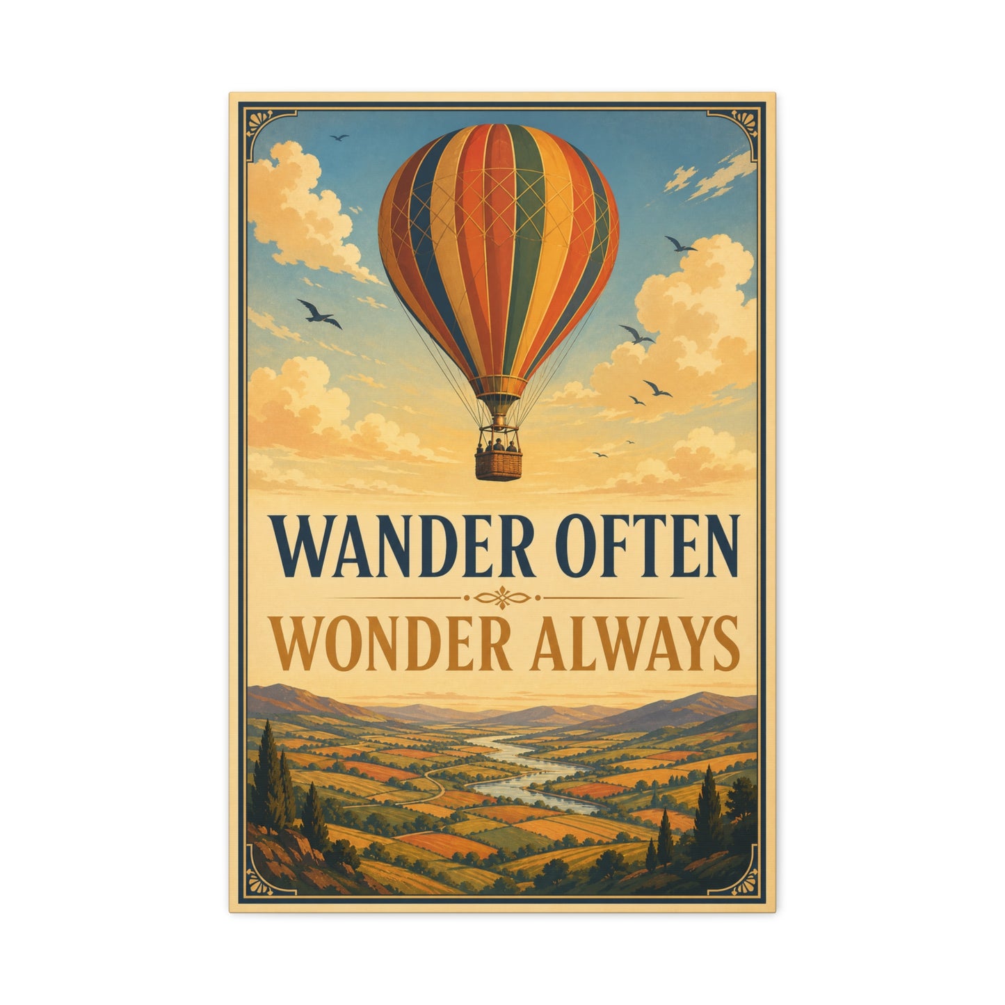 "Wander Often Wonder Always" Hot Air Balloon Canvas Wall Art - Vintage Travel Landscape Quote Print, Retro Sky Poster Style, Living Room Wall Decor - Ready to Hang - Bedroom Home Decoration