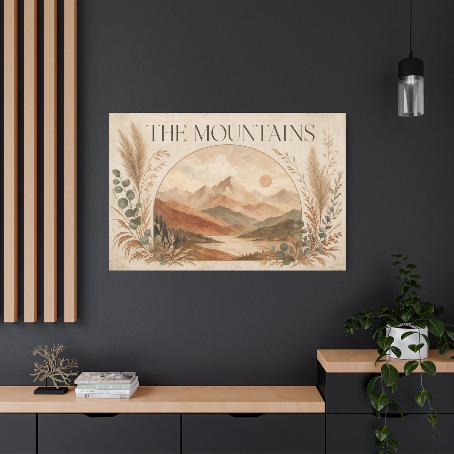 "The Mountains" Mountain Landscape Canvas Wall Art - Neutral Boho Nature Print, Desert Sun Lake Scene, Contemporary Rustic Style - Living Room Wall Decor, Bedroom Home Decoration - Ready to Hang