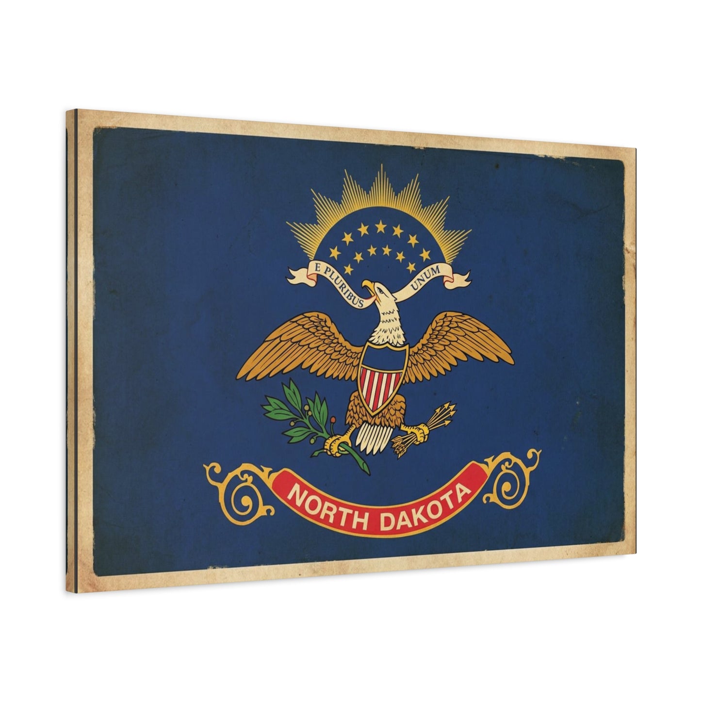North Dakota Flag Canvas Wall Art - E Pluribus Unum Vintage State Banner Print - Patriotic Blue Eagle Emblem Decor - Rustic Americana Style - Ready to Hang - Living Room Wall Decor - Ready to Hang